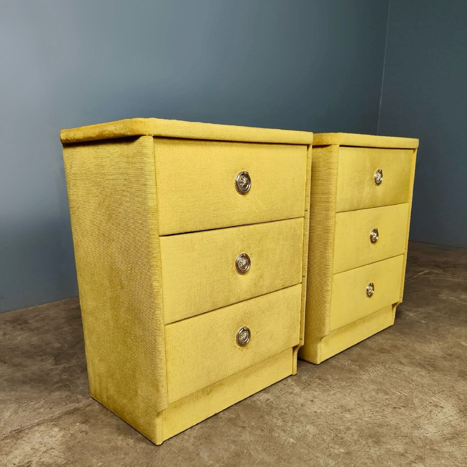 SOLD Mid Century Vintage Yellow Velvet Bedside Tables With Glass Tops Retro MCM
