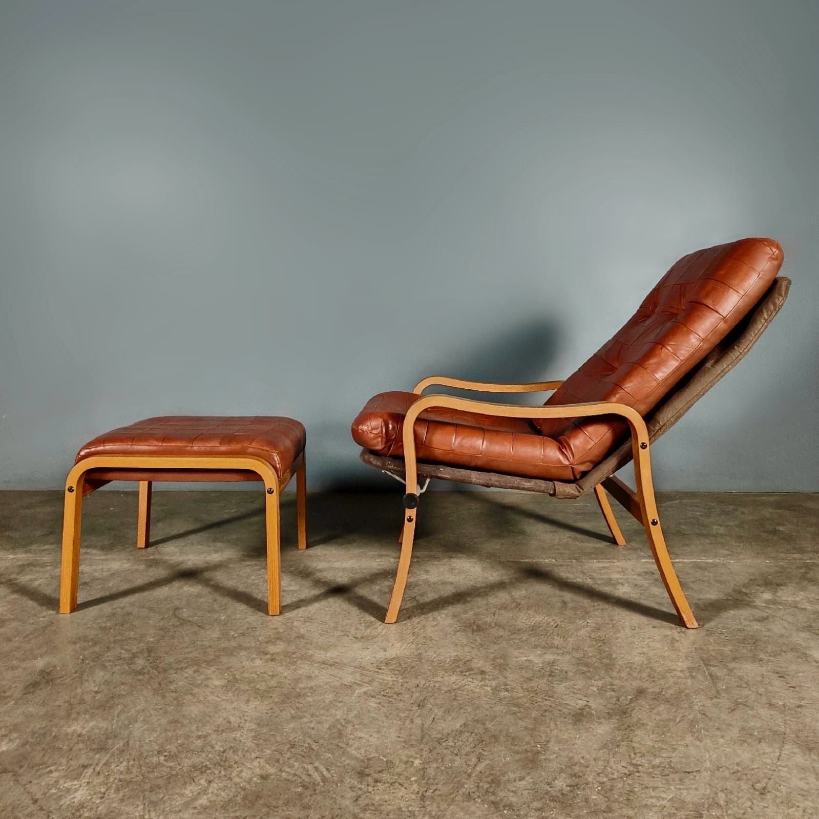 Leather Patchwork Armchair & Footstool Mid Century Vintage Retro MCM