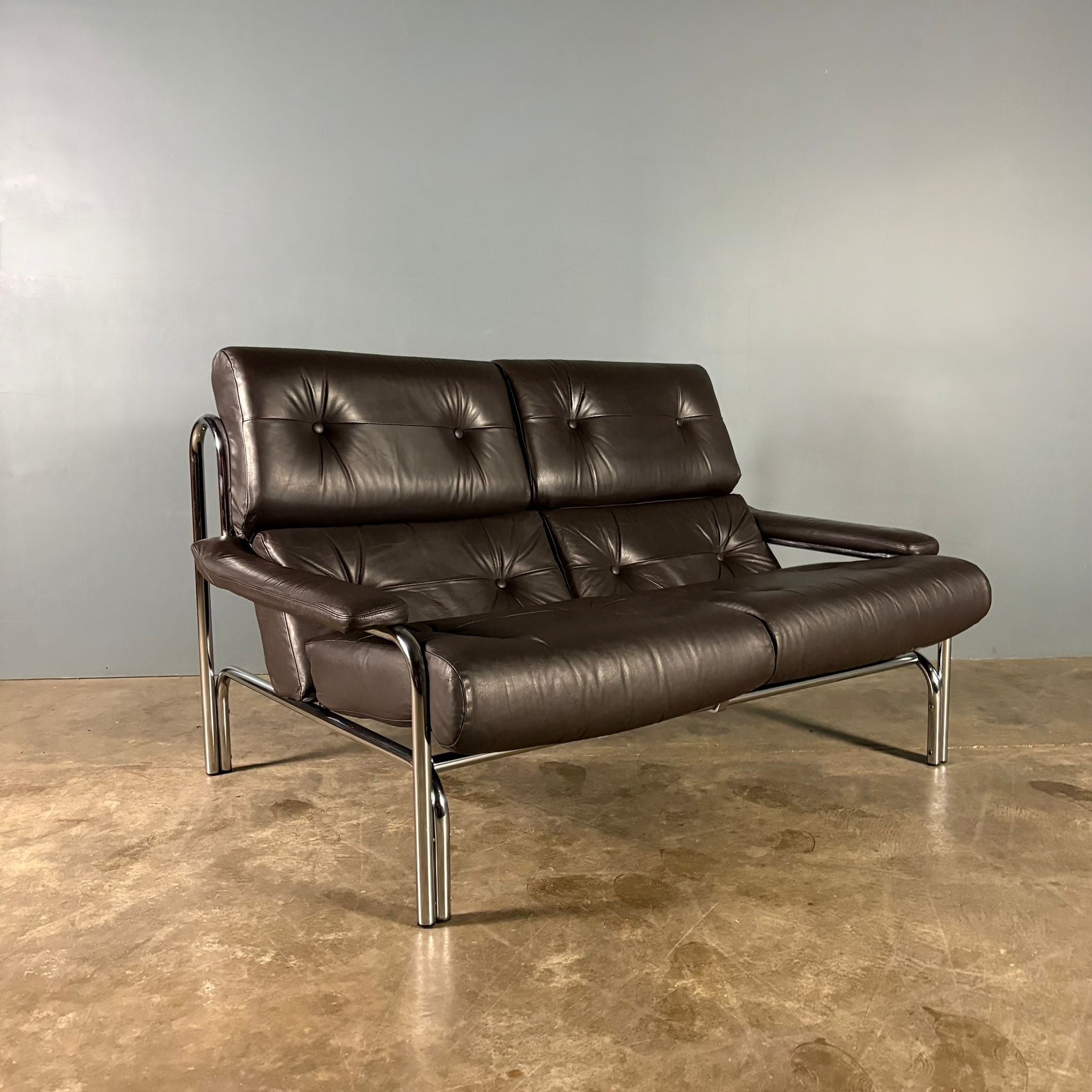 Mid Century Pieff Alpha Brown Leather Two Seater Sofa Vintage Retro MCM