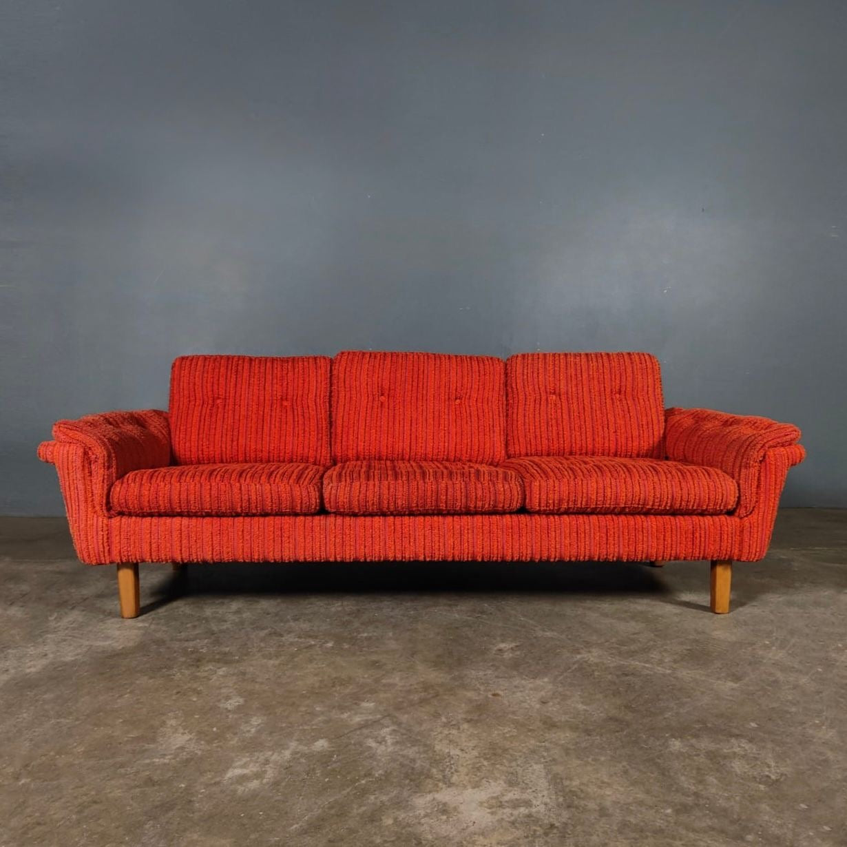 SOLD Orange Wool Swedish Three Seater Sofa Mid Century Vintage Retro MCM