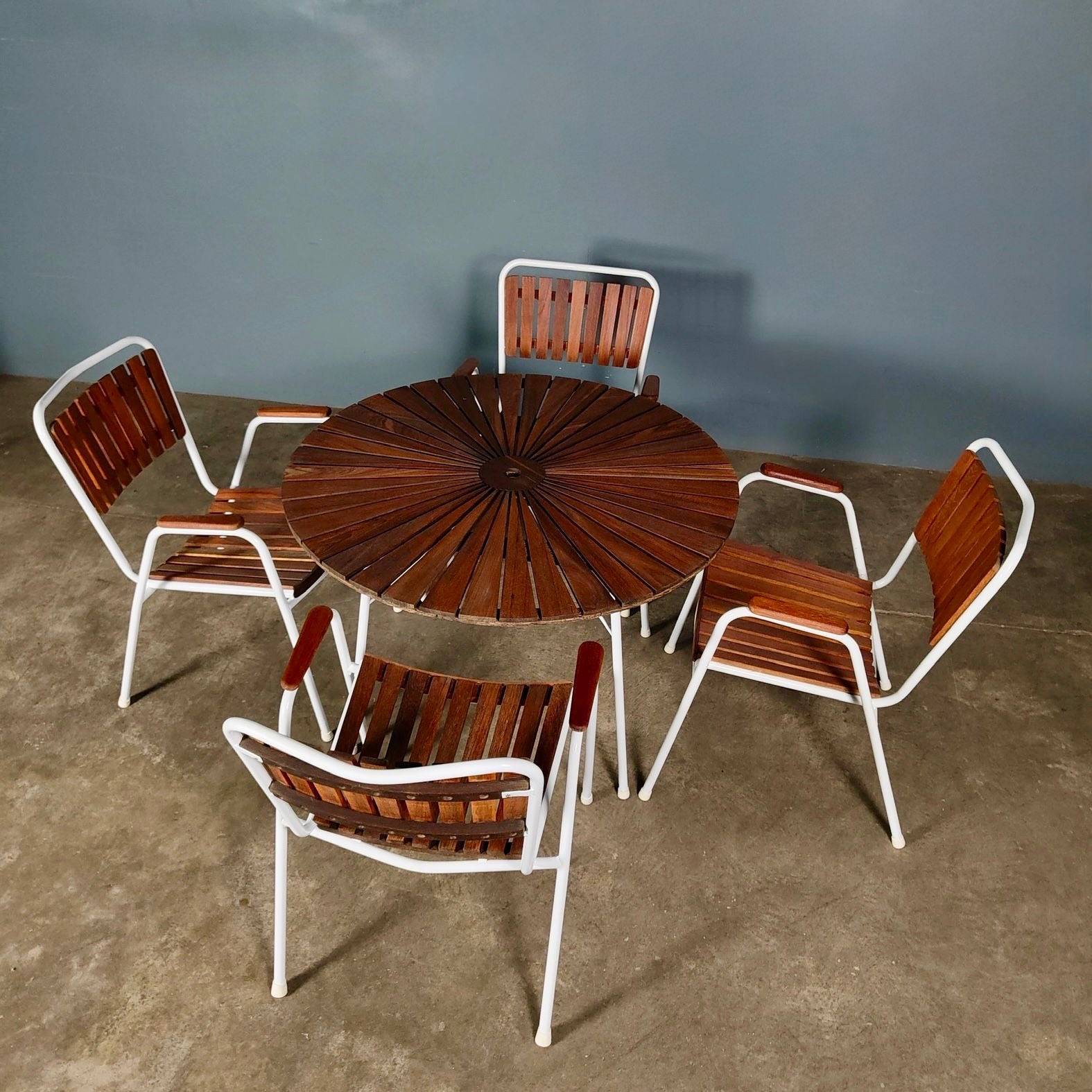 SOLD Daneline BKS Garden Set 4 Stacking Chairs & Folding Sunburst Table Danish Mid Century Vintage Retro MCM