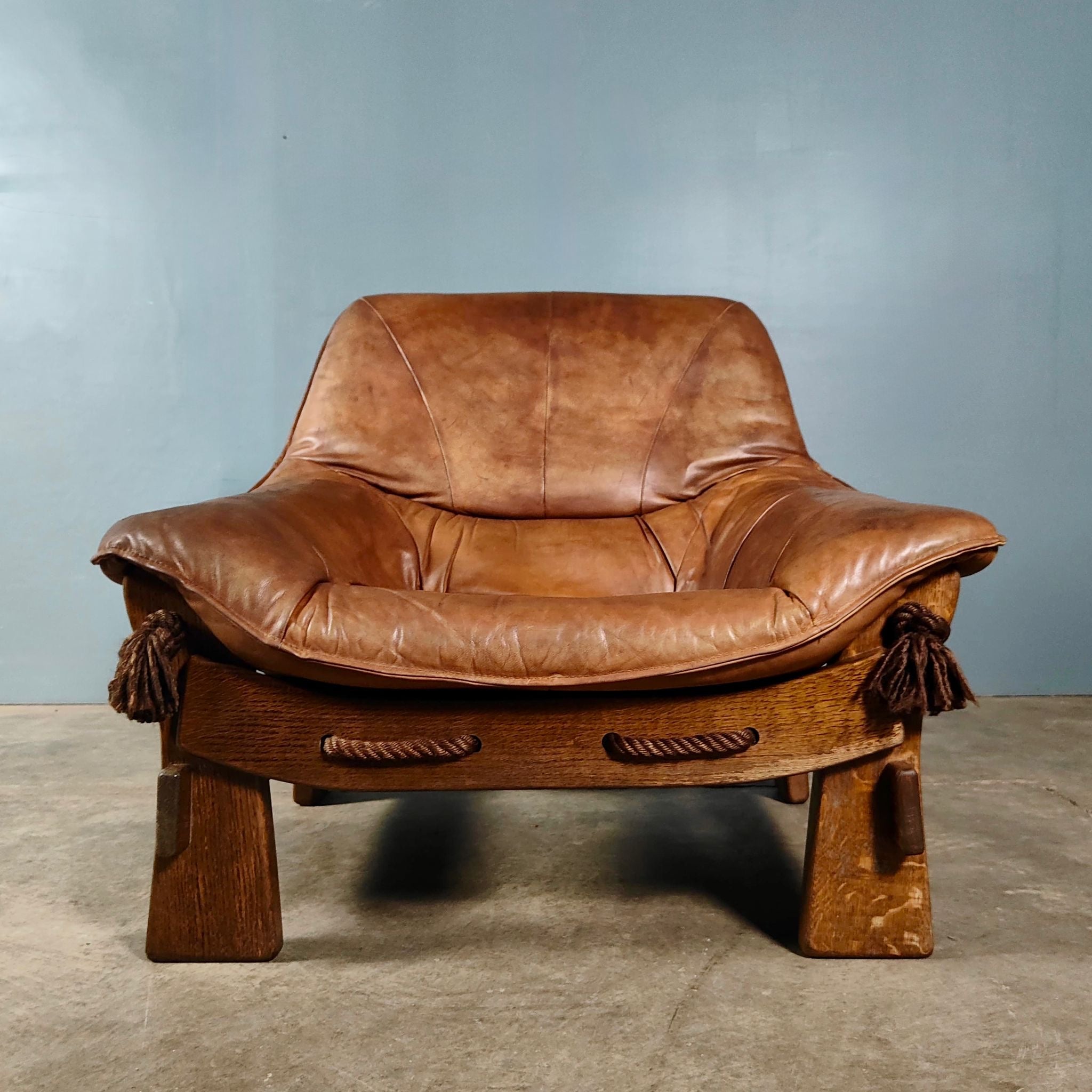 Brutalist Leather Two Seater Sofa & Matching Armchair Percival Lafer Style Mid Century Vintage Retro MCM