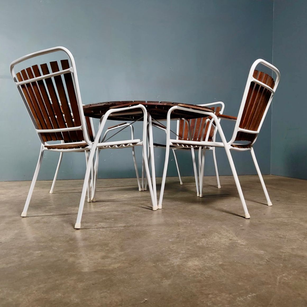 SOLD Four Daneline BKS Garden Stacking Chairs & Folding Sunburst Table Danish Teak Mid Century Vintage Retro MCM