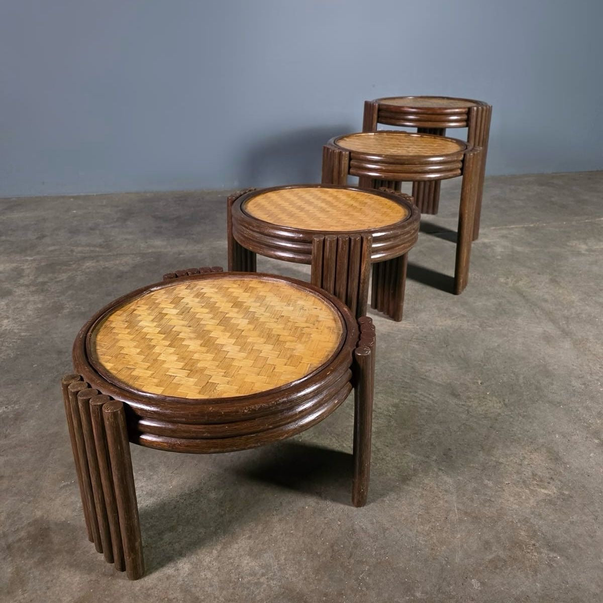 SOLD Set Of Graduating Bamboo Cane Rattan Stacking Tables Mid Century Vintage Retro MCM