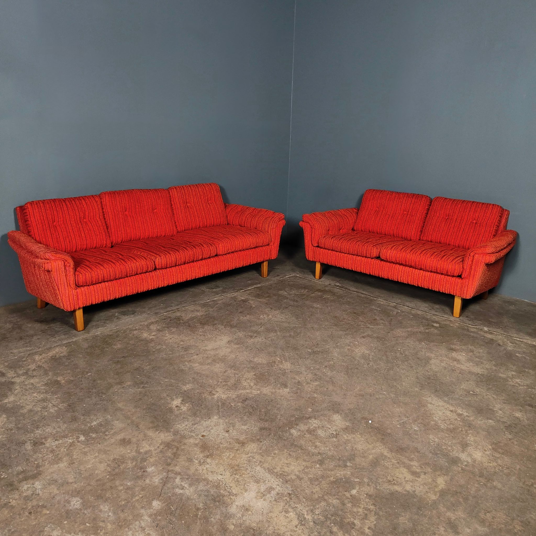 SOLD Orange Wool Swedish Three Seater Sofa Mid Century Vintage Retro MCM