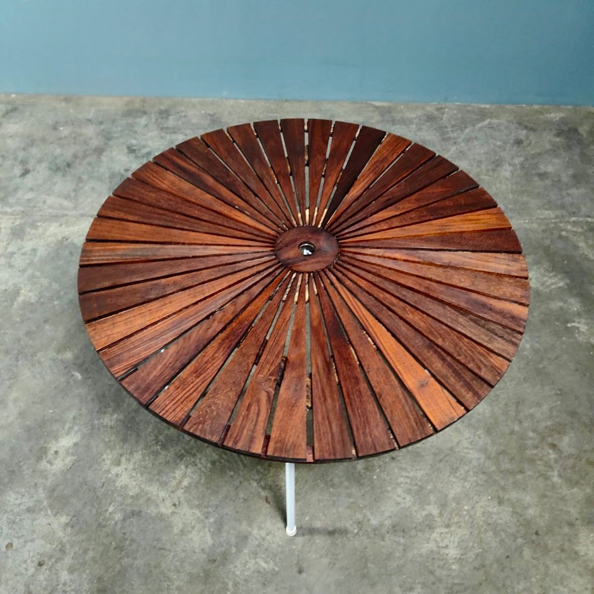 SOLD Four Daneline BKS Garden Stacking Chairs & Folding Sunburst Table Danish Teak Mid Century Vintage Retro MCM