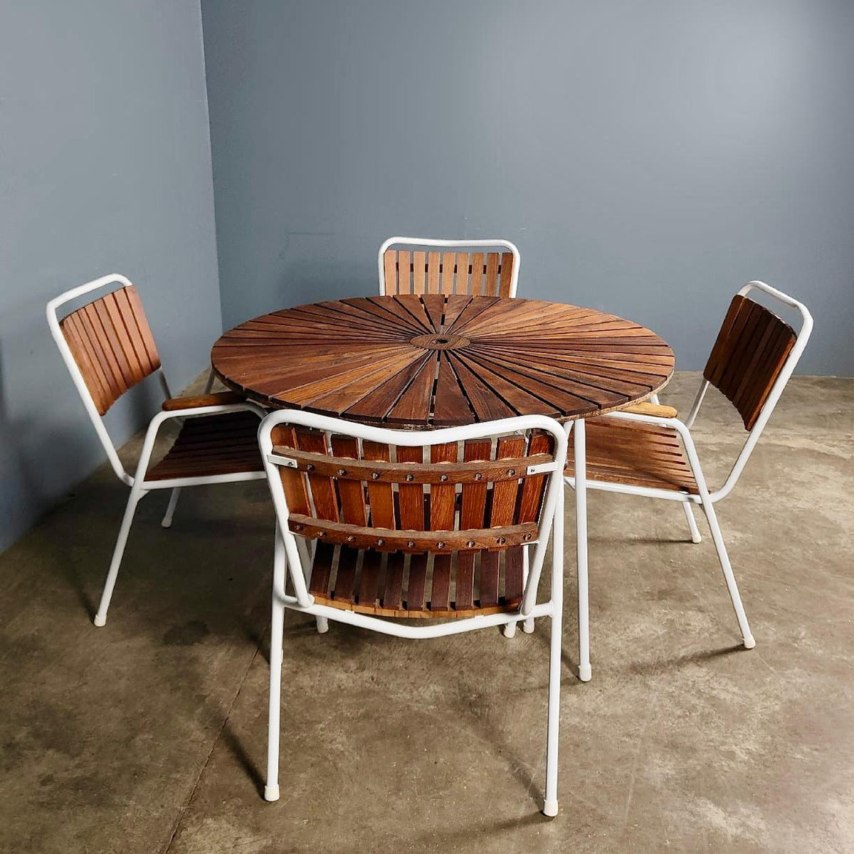 SOLD Daneline BKS Garden Set 4 Stacking Chairs & Folding Sunburst Table Danish Mid Century Vintage Retro MCM