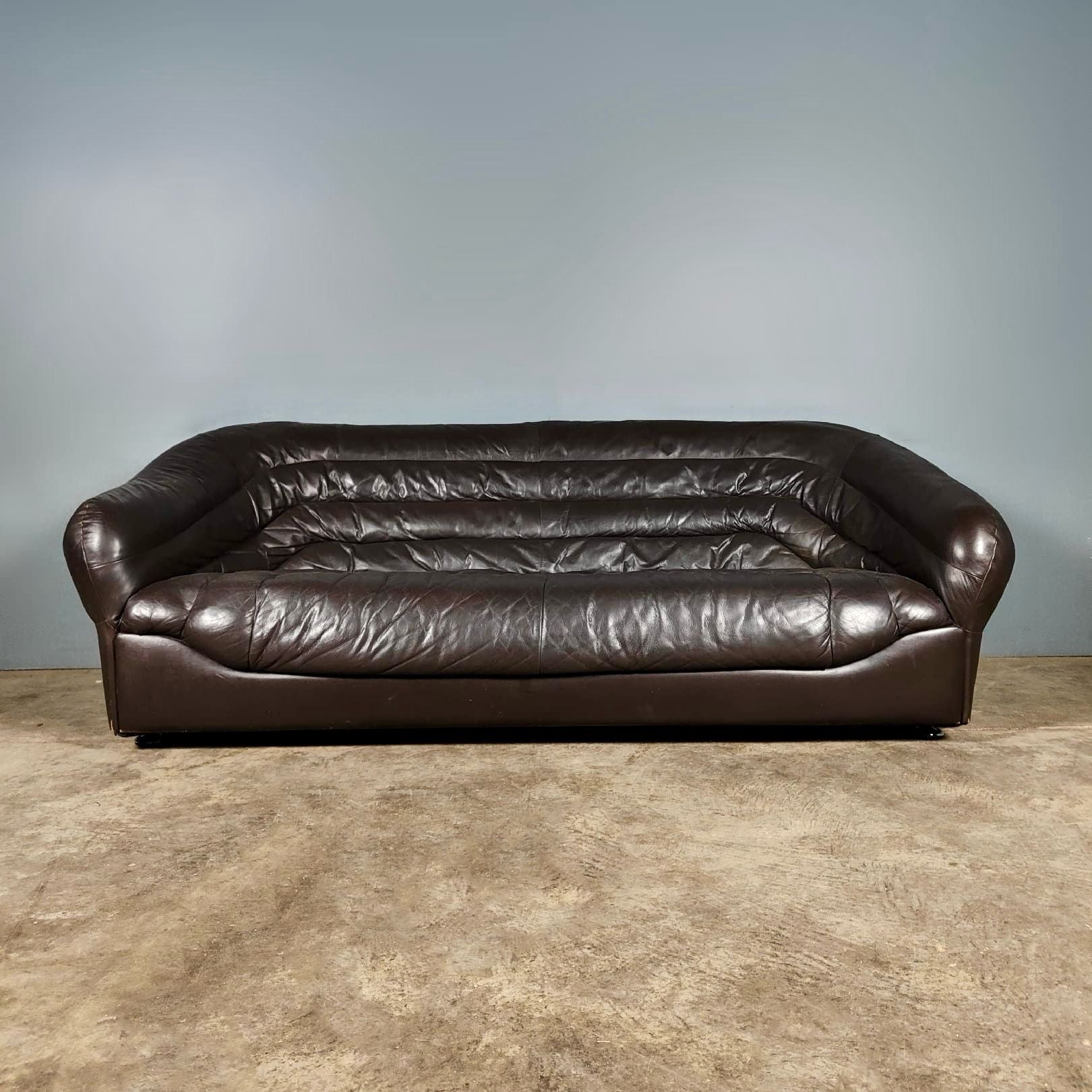 SOLD Brown Leather Three Seater Sofa De Sede Style Mid Century Vintage Retro MCM