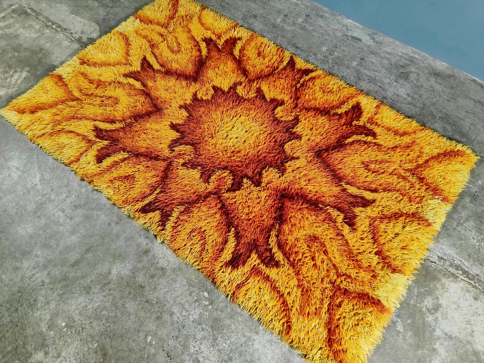 SOLD Mid Century Retro Large Yellow Orange Brown Rug Norwegian Vintage Wool MCM