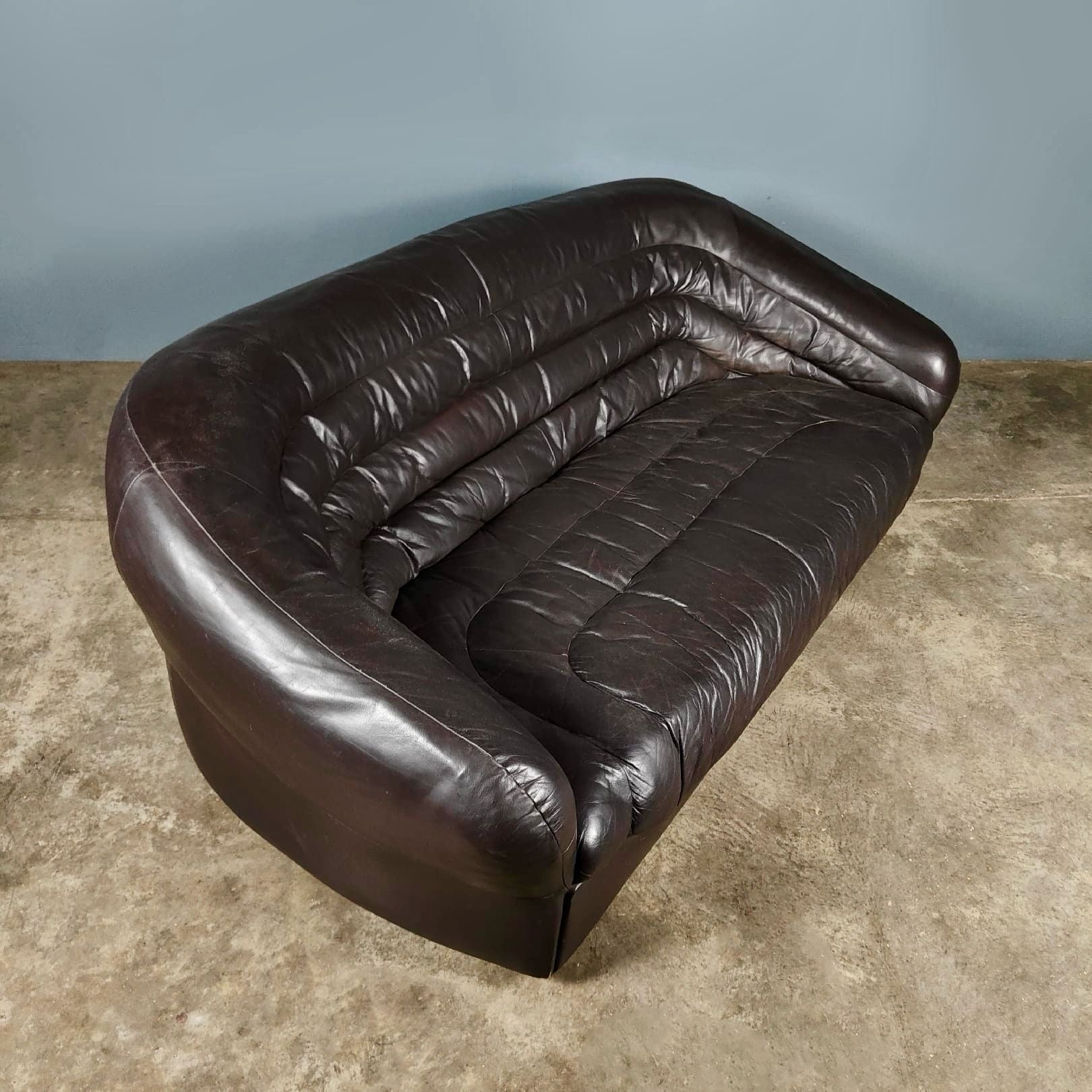 SOLD Brown Leather Three Seater Sofa De Sede Style Mid Century Vintage Retro MCM