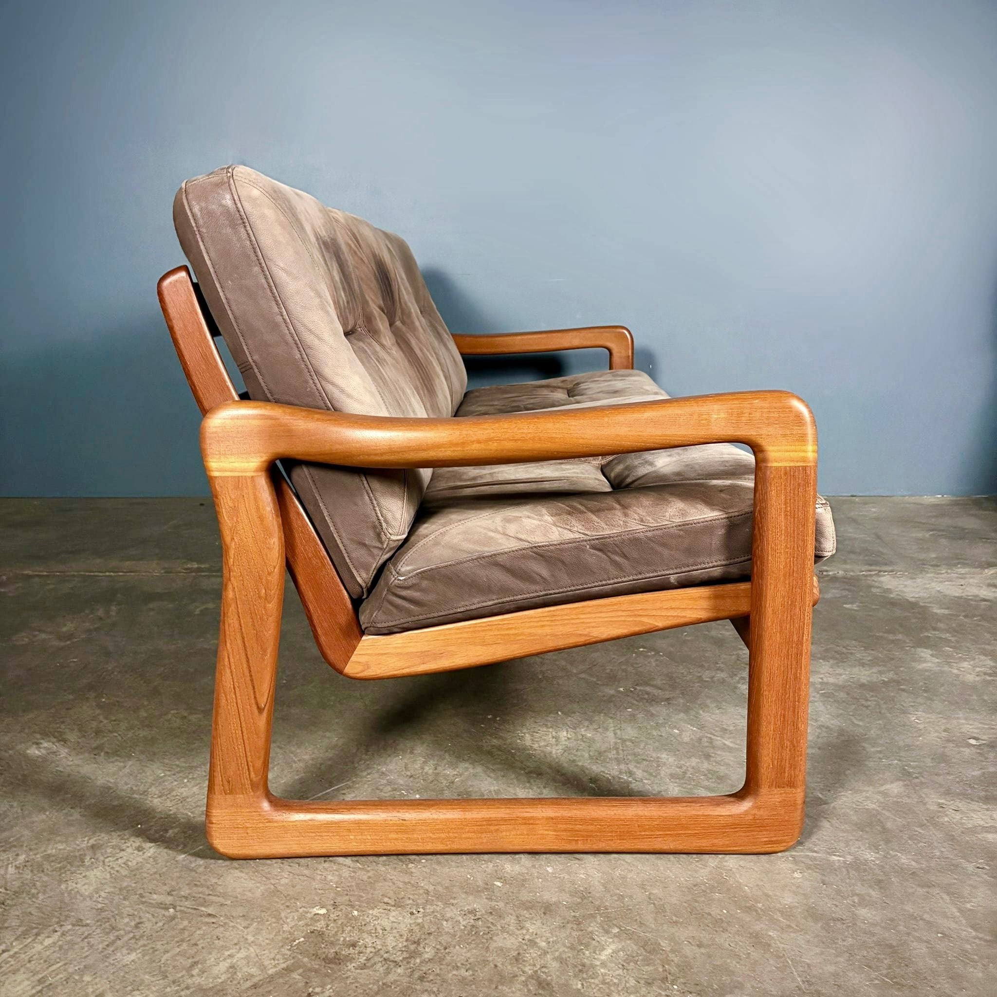 Three Seater Sofa Teak Brown Leather By Poul Jeppesen For Holstebro Møbelfabrik Danish Mid Century Vintage Retro MCM