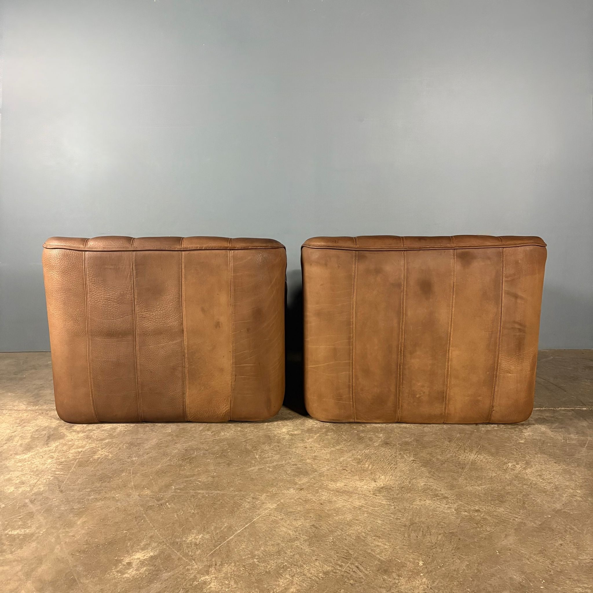 Pair Of De Sede DS44 Armchairs Brown Tan Leather Mid Century Vintage Retro MCM