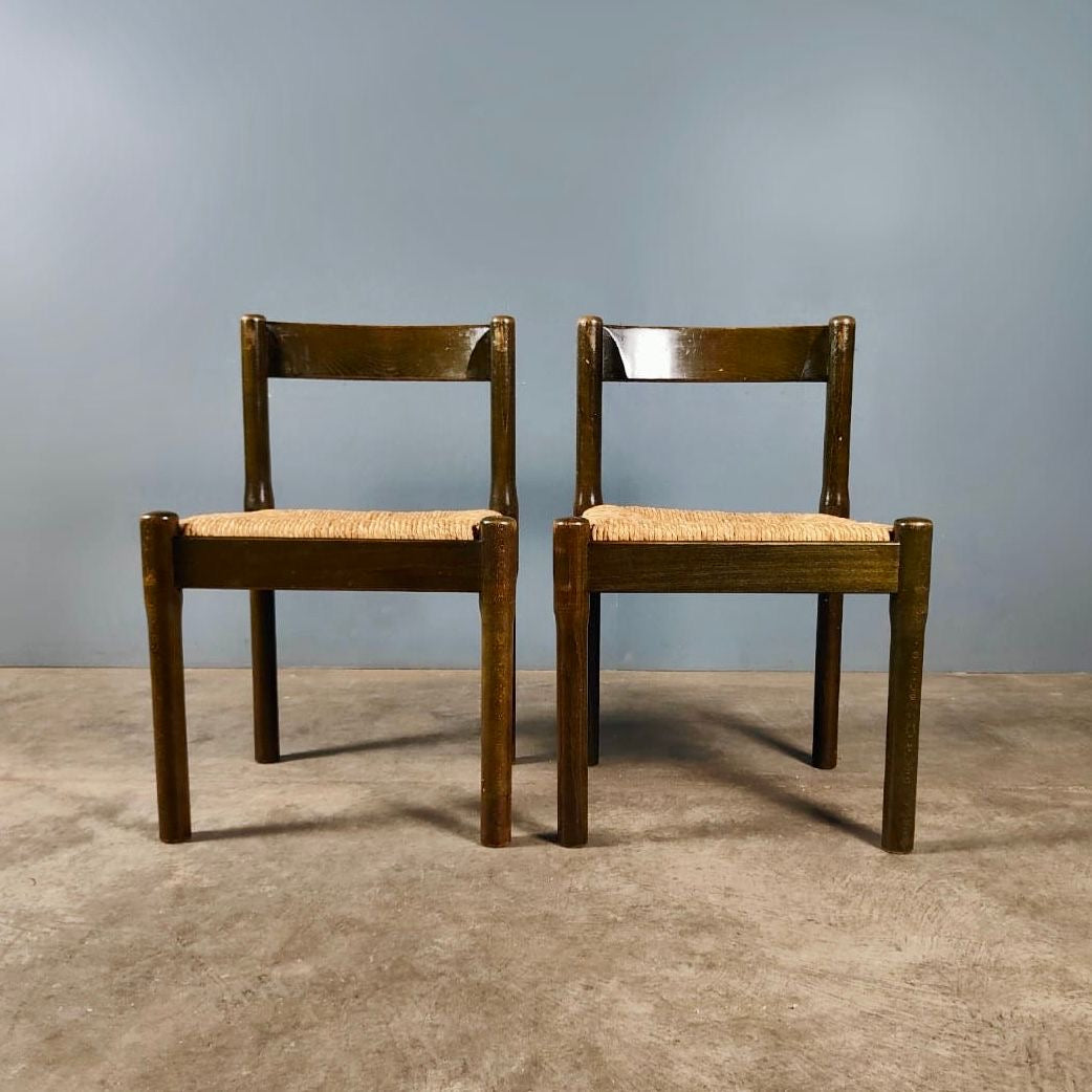 SOLD Pair Of Carimate Green Rush & Beech Dining Chairs By Vico Magistretti For Cassina Mid Century Vintage Retro MCM