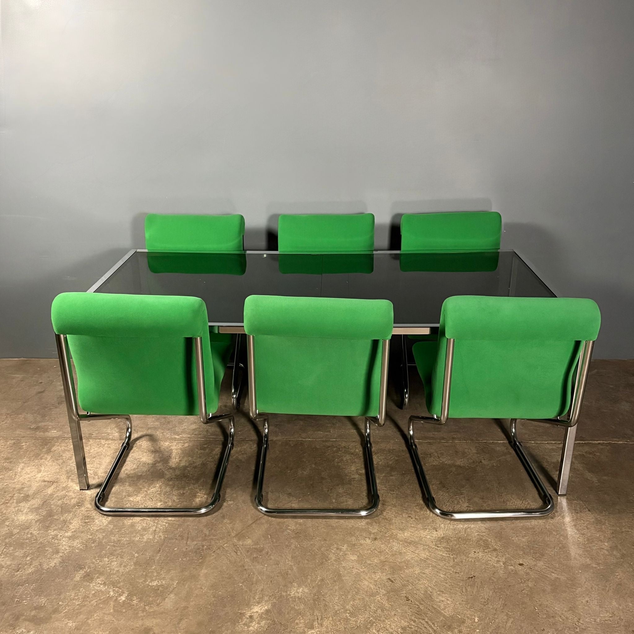 Six Green Italian Pace Chrome Dining Chairs & Glass Dining Table Mid Century Vintage Retro MCM