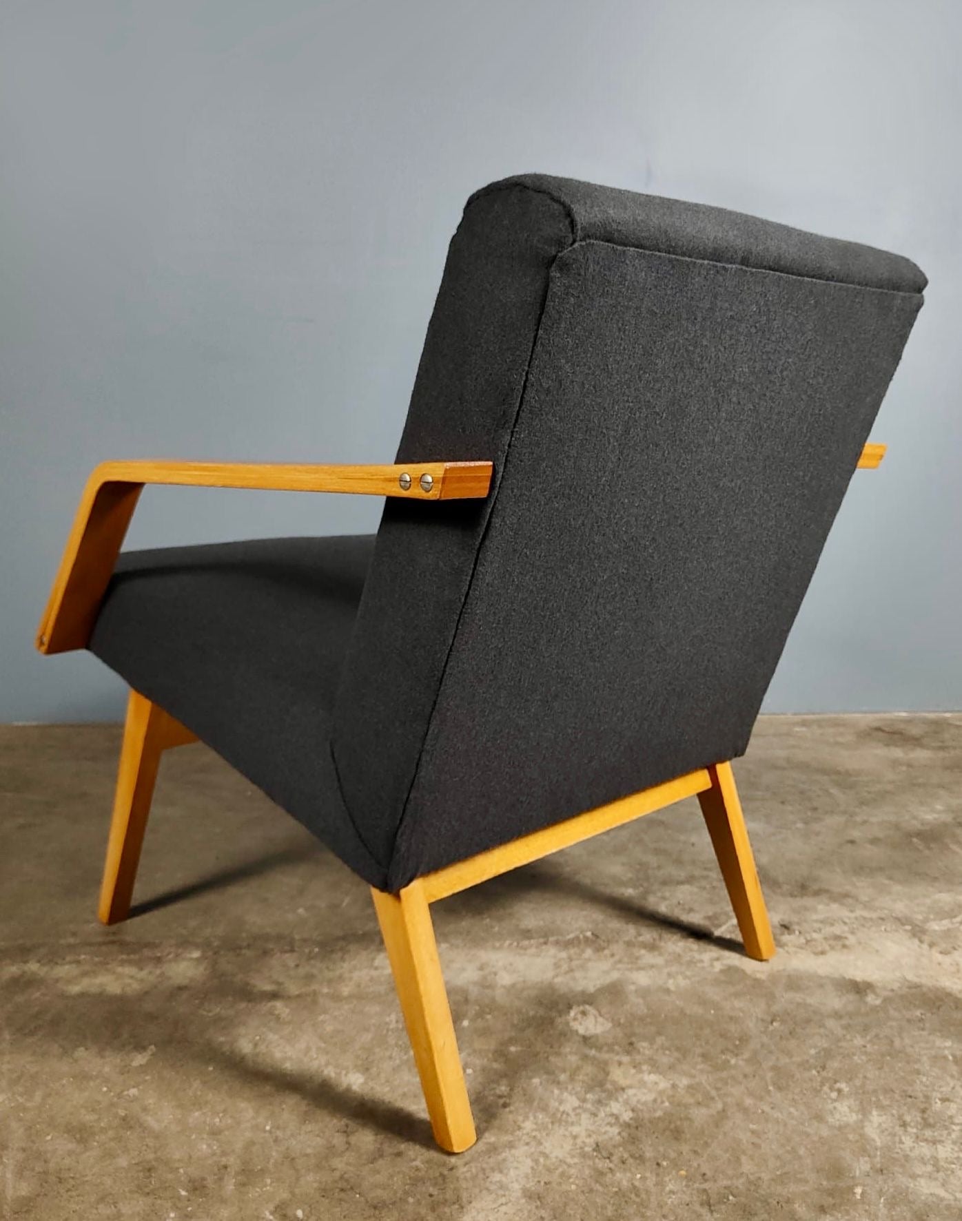 Vintage Czechoslovakia Armchair In Charcoal Grey Wool Mid Century Retro MCM