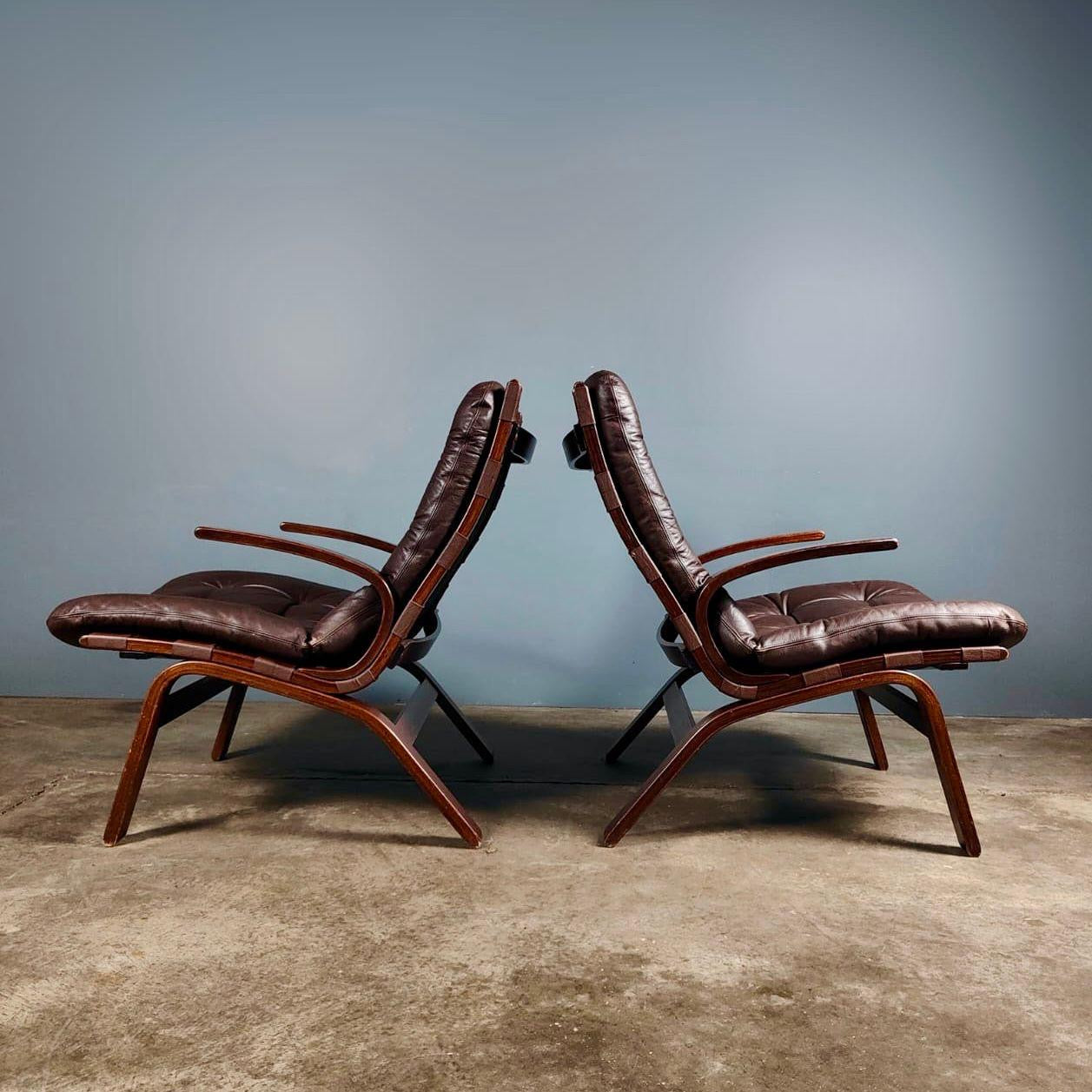 SOLD Pair Of Ingmar Relling By Westnofa Farstrup Brown Leather Lounge Chairs Mid Century Vintage Retro MCM