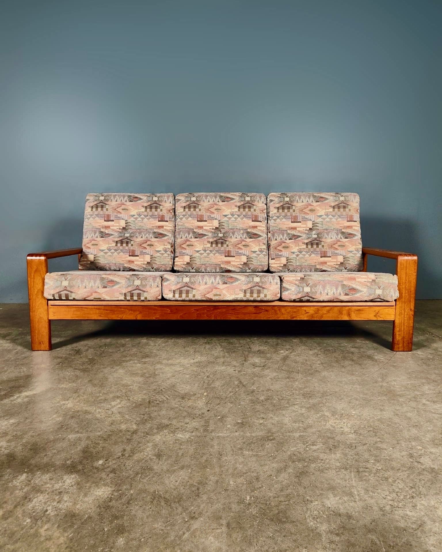 Mid Century Teak Geometric Three Seater Sofa Vintage Retro MCM