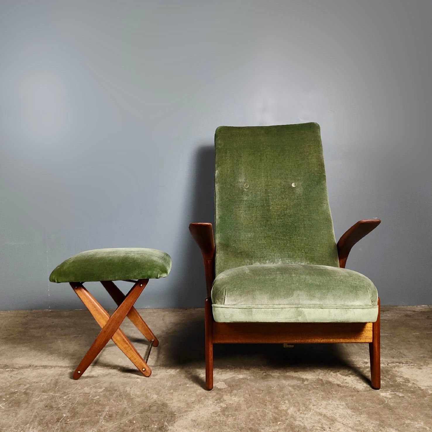SOLD Pair Of Green Rock ‘N’ Rest Lounge Chairs & Footstool Rolf Rastad & Adolf Relling Gimson & Slater Mid Century Vintage Retro MCM