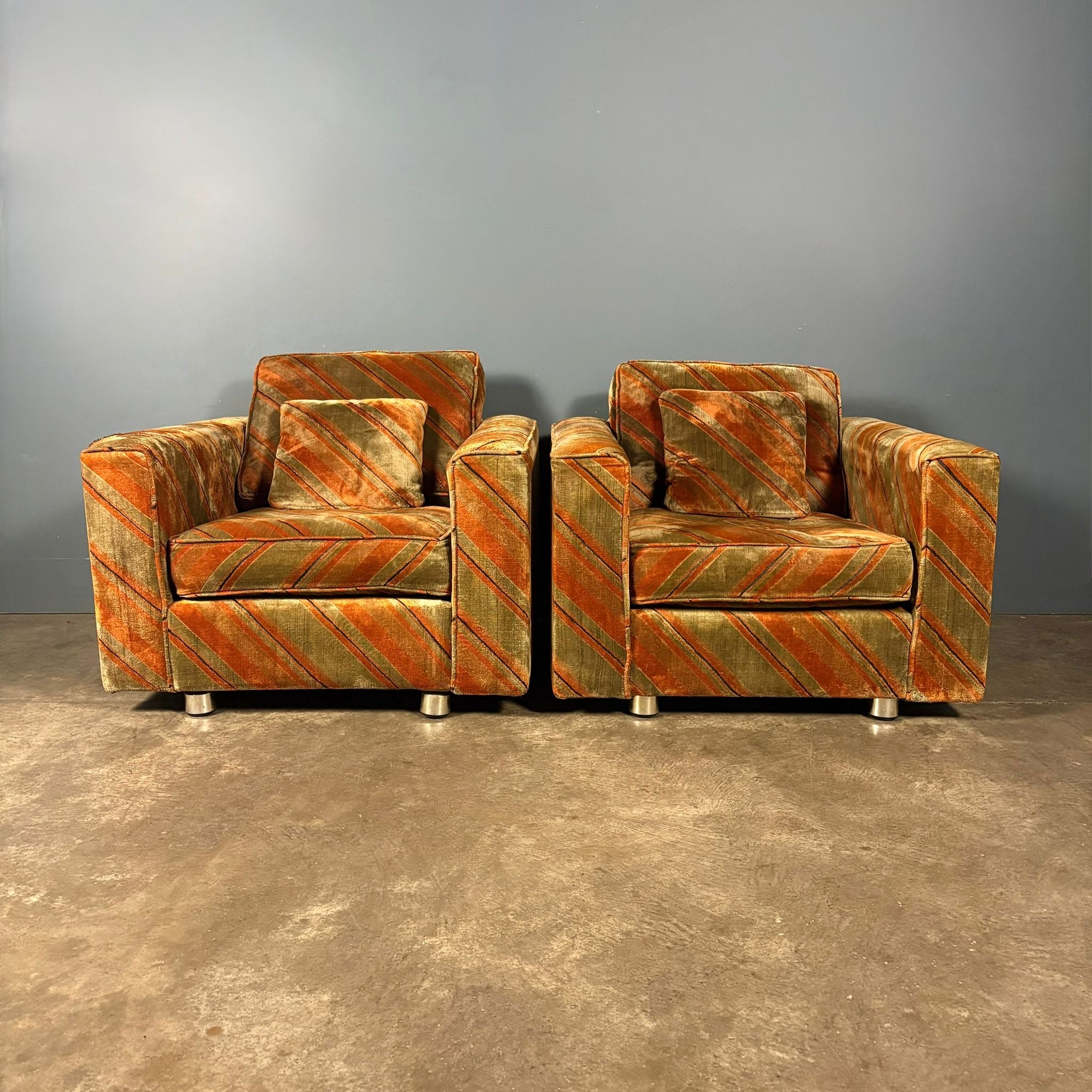 Mid Century Everest Orange Striped Geometric Lounge Suite - Three Seater Sofa, Armchairs & Coffee Tables Vintage Retro MCM