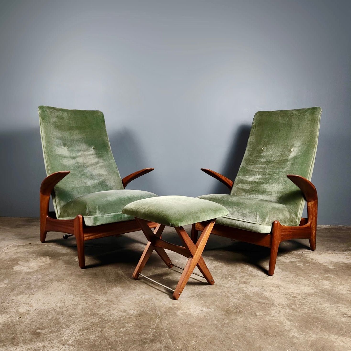 SOLD Pair Of Green Rock ‘N’ Rest Lounge Chairs & Footstool Rolf Rastad & Adolf Relling Gimson & Slater Mid Century Vintage Retro MCM