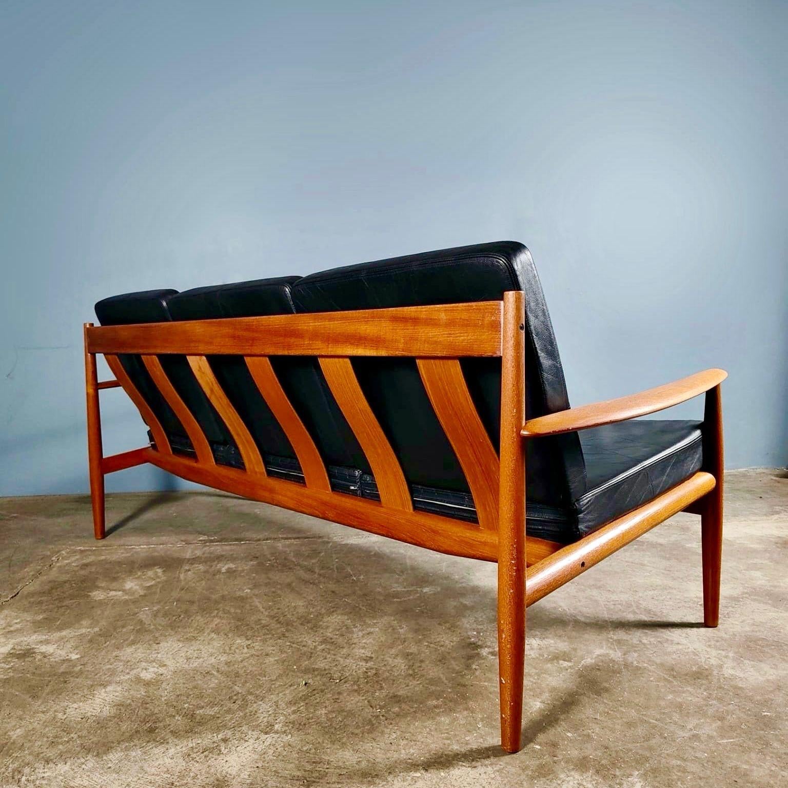 SOLD Mid Century Danish 3 Seater Black Leather Sofa Model 118-3 By Grete Jalk For France & Son Vintage Retro MCM