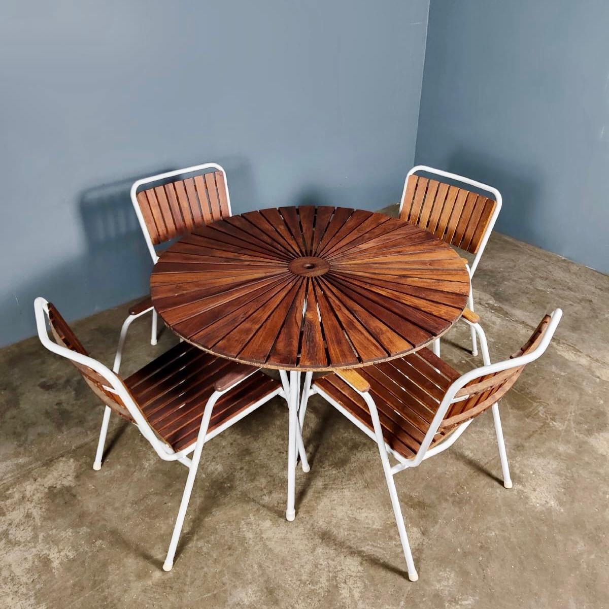 SOLD Daneline BKS Garden Set 4 Stacking Chairs & Folding Sunburst Table Danish Mid Century Vintage Retro MCM