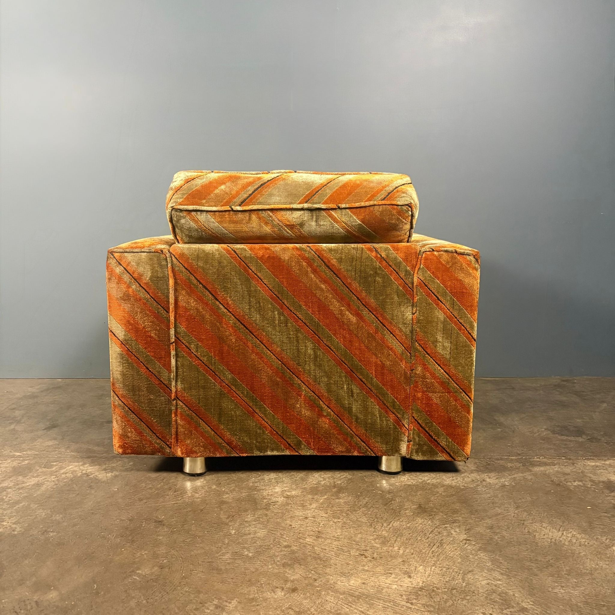 Mid Century Everest Orange Striped Geometric Lounge Suite - Three Seater Sofa, Armchairs & Coffee Tables Vintage Retro MCM