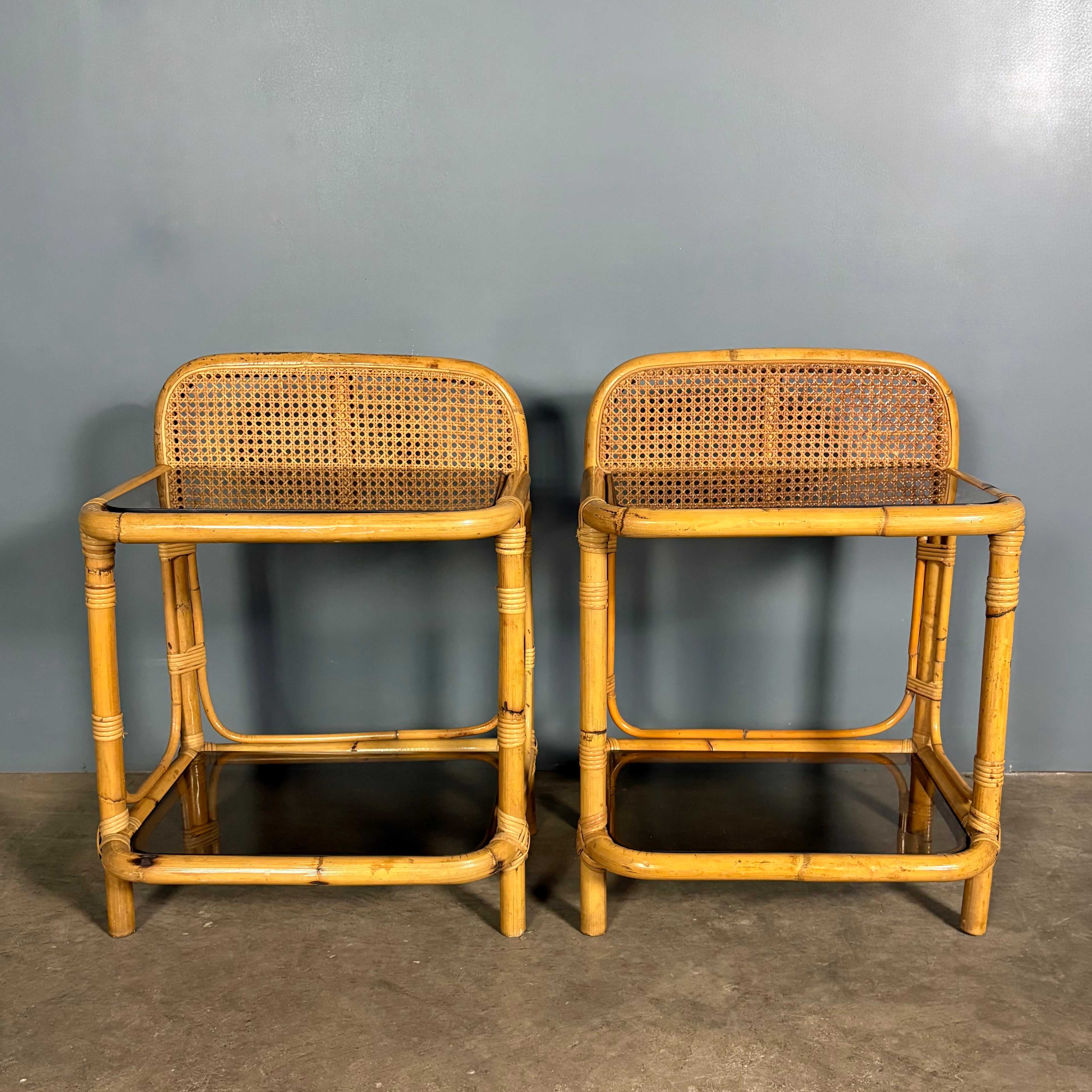 Pair Of Cane Rattan Bamboo Bedside Tables Mid Century Vintage Retro MCM