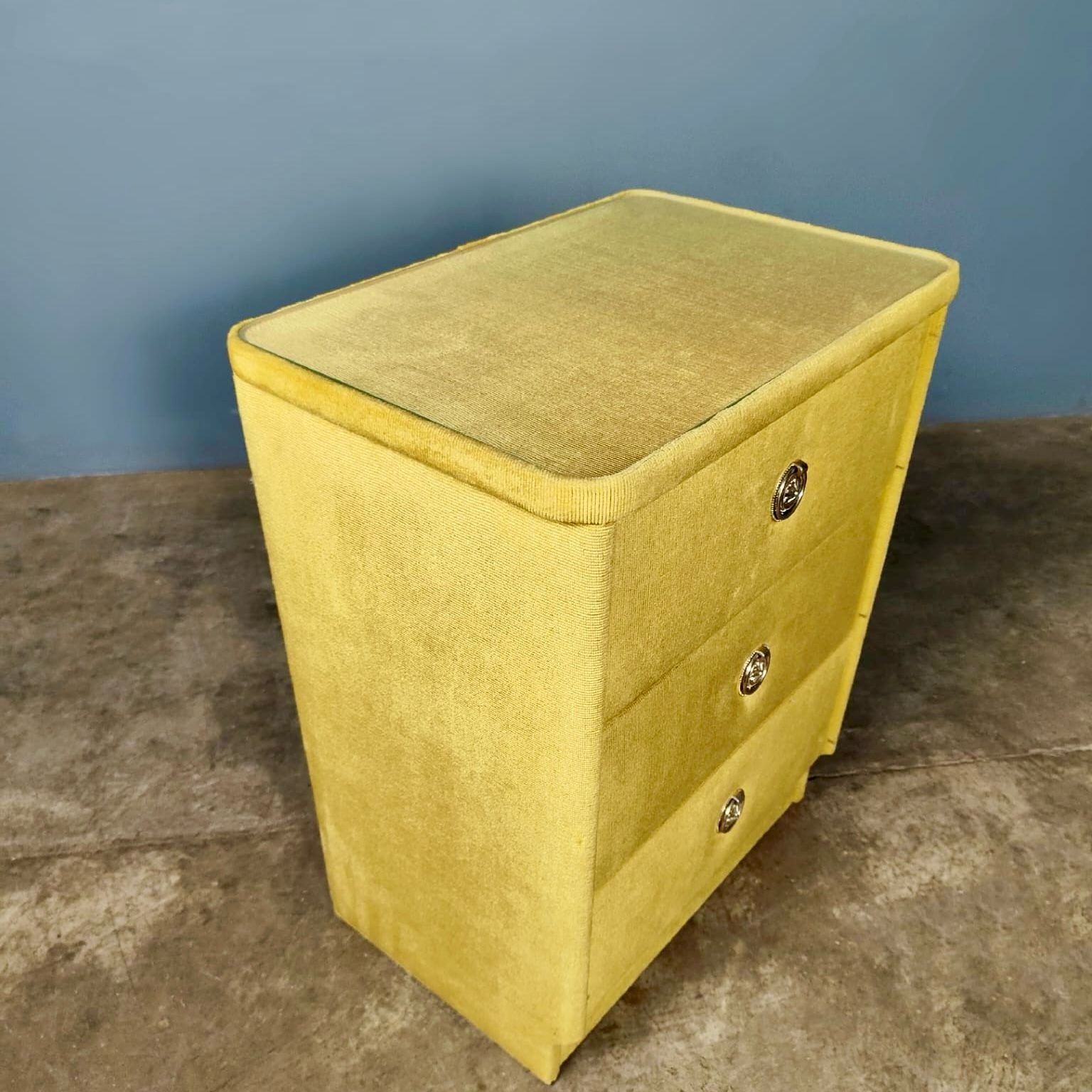 SOLD Mid Century Vintage Yellow Velvet Bedside Tables With Glass Tops Retro MCM
