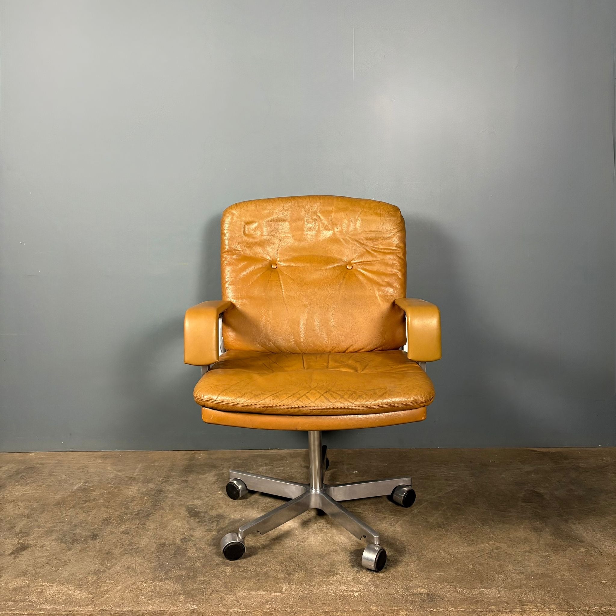 Office Chair André Vandenbeuck For Arflex Style Tan Cognac Leather Mid Century Vintage Retro MCM