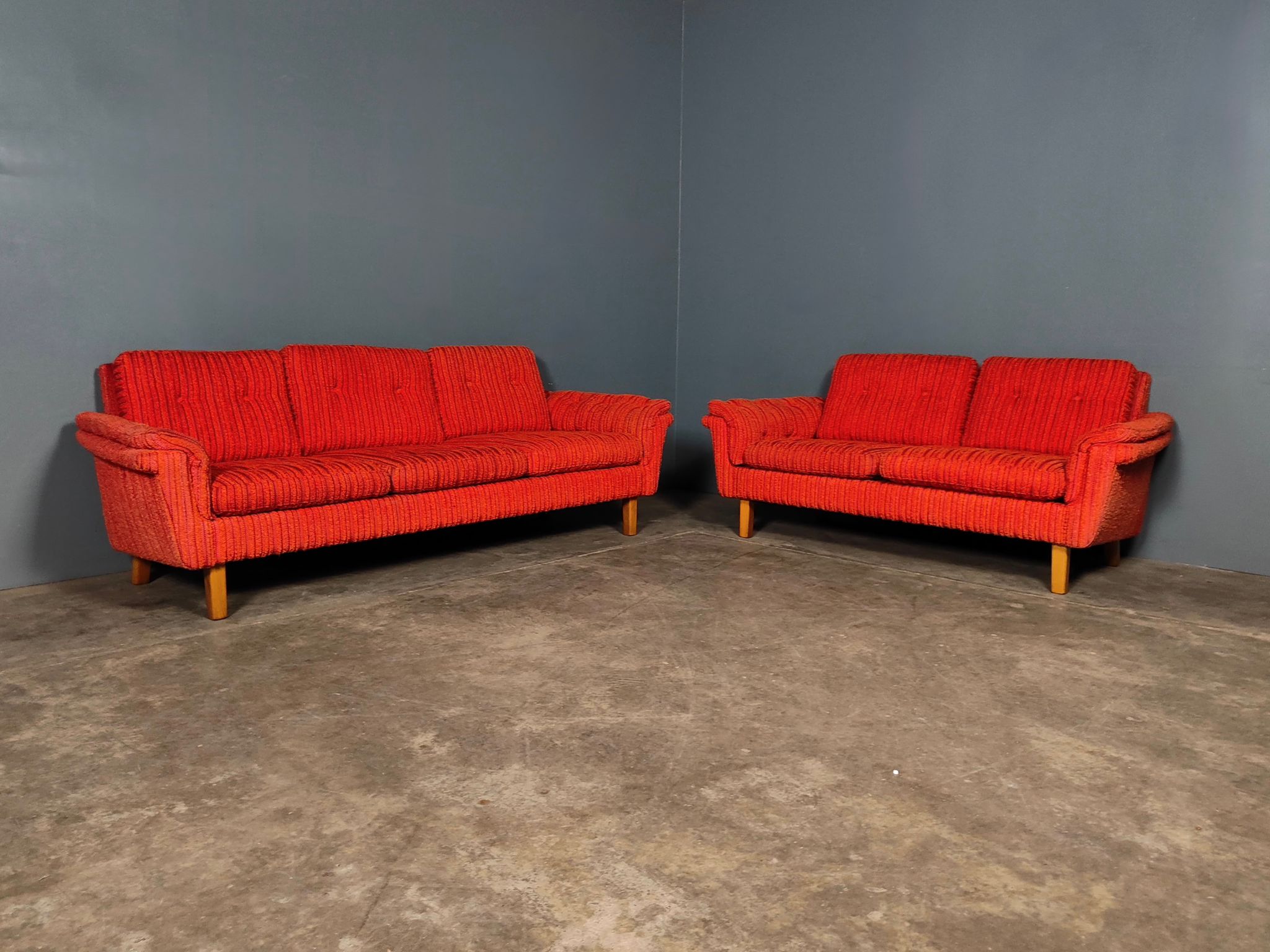 SOLD Orange Wool Swedish Three Seater Sofa Mid Century Vintage Retro MCM