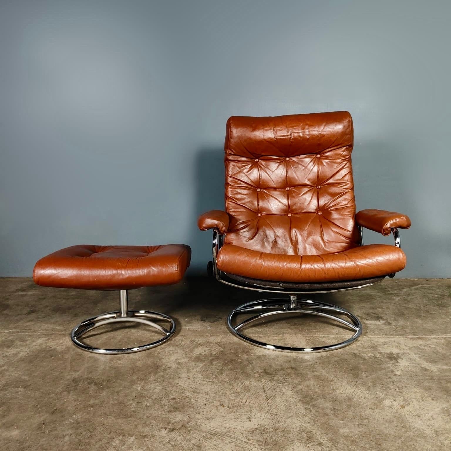 SOLD Pair Of Mid Century Brown Leather & Chrome Ekornes Stressless Reclining Lounge Chairs & Footstools Vintage Retro MCM