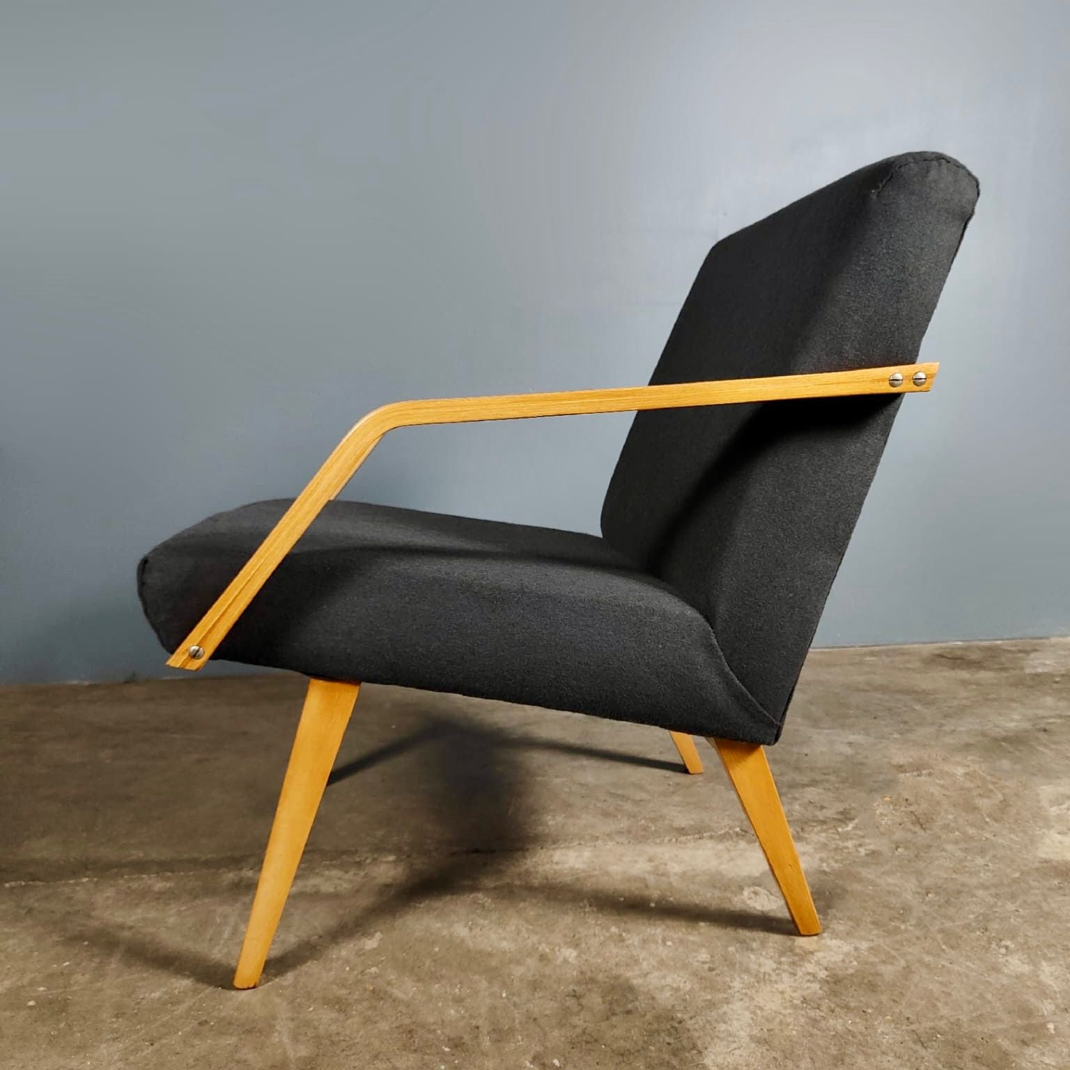 Vintage Czechoslovakia Armchair In Charcoal Grey Wool Mid Century Retro MCM