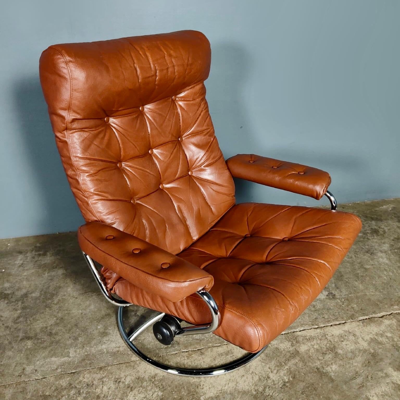 SOLD Pair Of Mid Century Brown Leather & Chrome Ekornes Stressless Reclining Lounge Chairs & Footstools Vintage Retro MCM