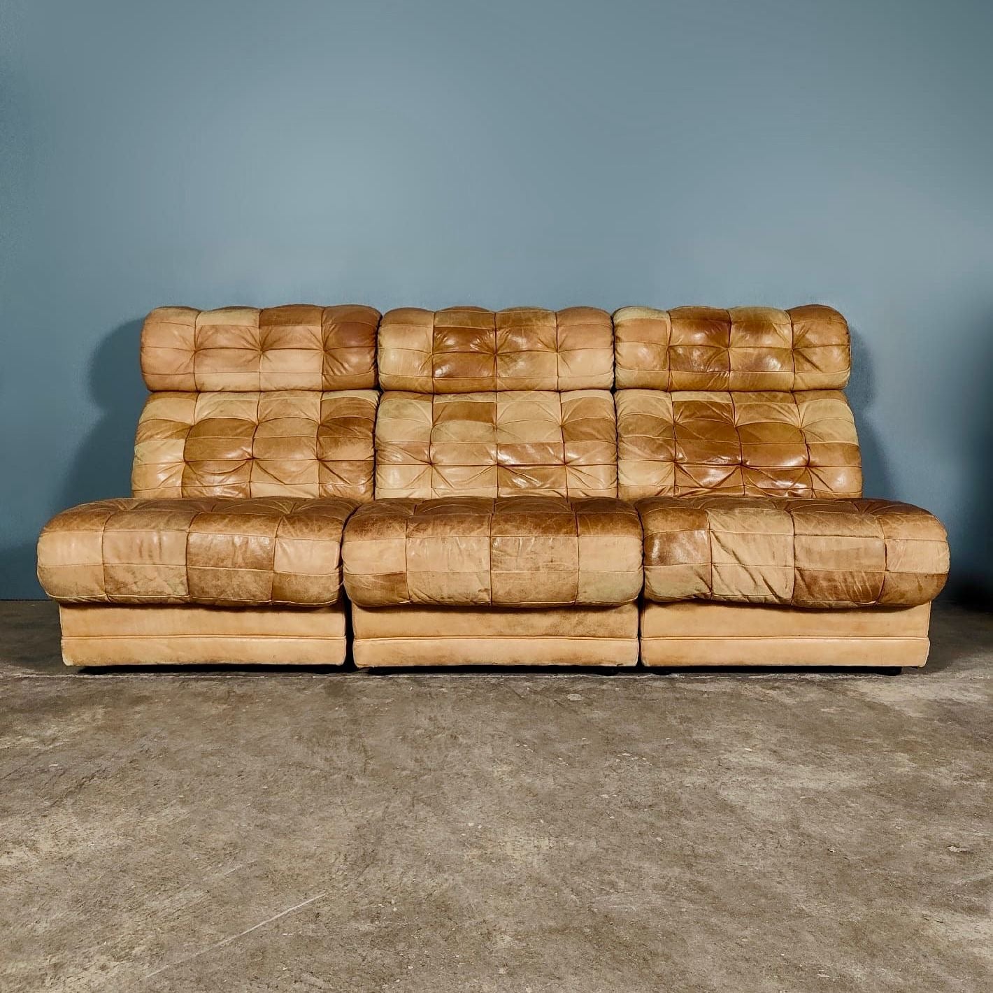Three Light Brown Tan Leather Patchwork Modular Sofa/Chairs De Sede Style Mid Century Vintage Retro MCM
