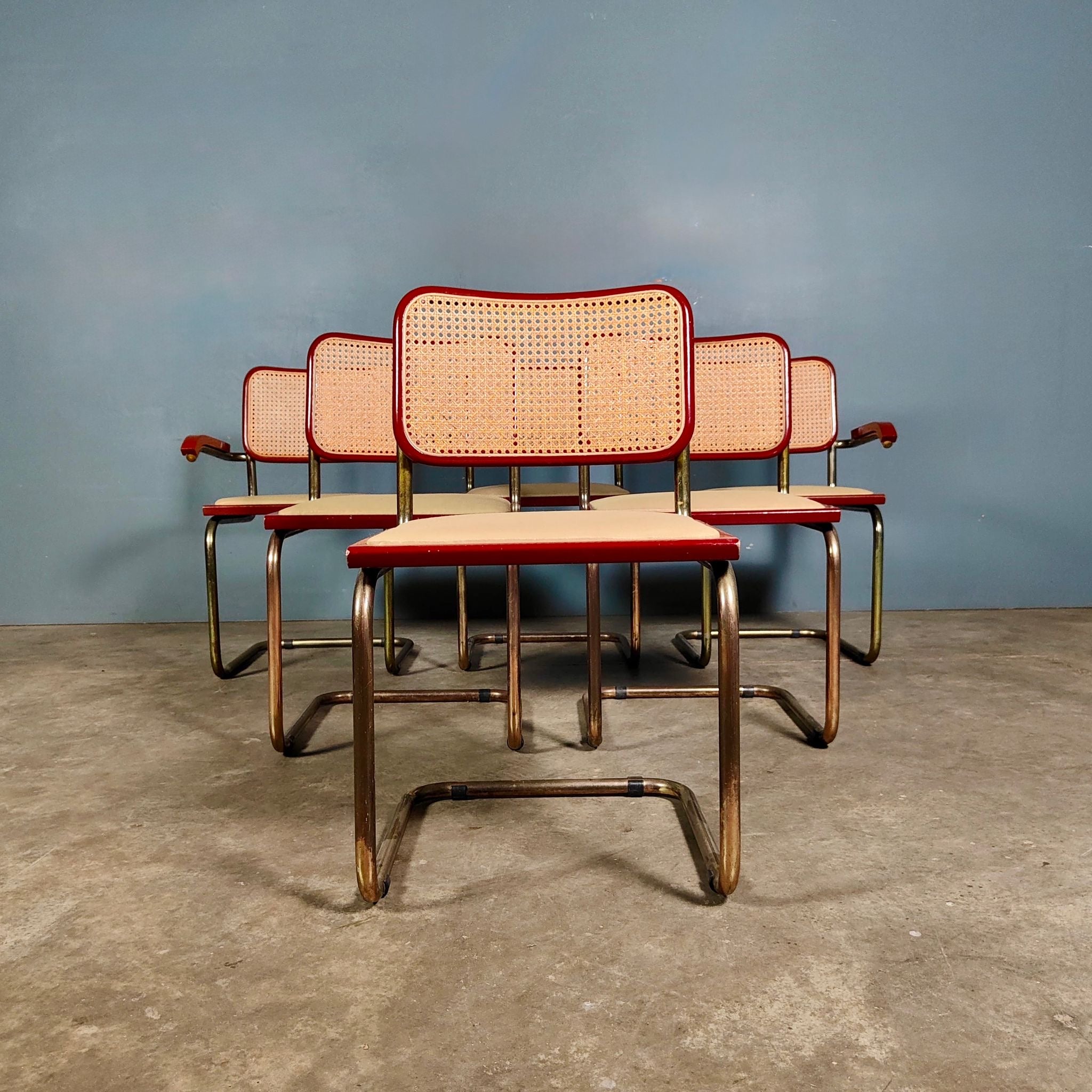 SOLD Six Red Marcel Breuer Cesca Dining Chairs & Matching Table Mid Century Vintage Retro MCM