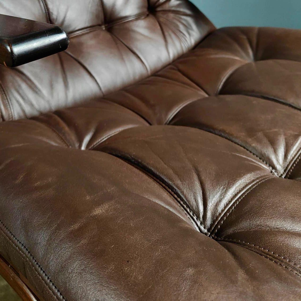 SOLD Pair Of Ingmar Relling By Westnofa Farstrup Brown Leather Lounge Chairs Mid Century Vintage Retro MCM