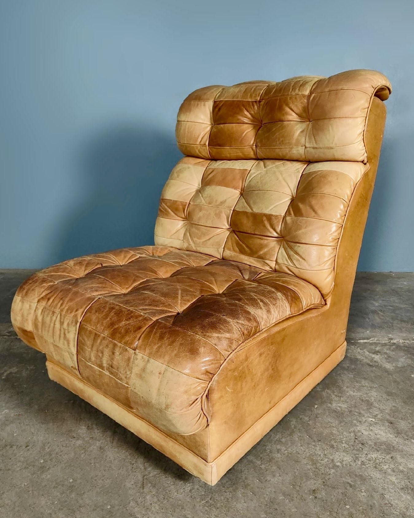 Three Light Brown Tan Leather Patchwork Modular Sofa/Chairs De Sede Style Mid Century Vintage Retro MCM