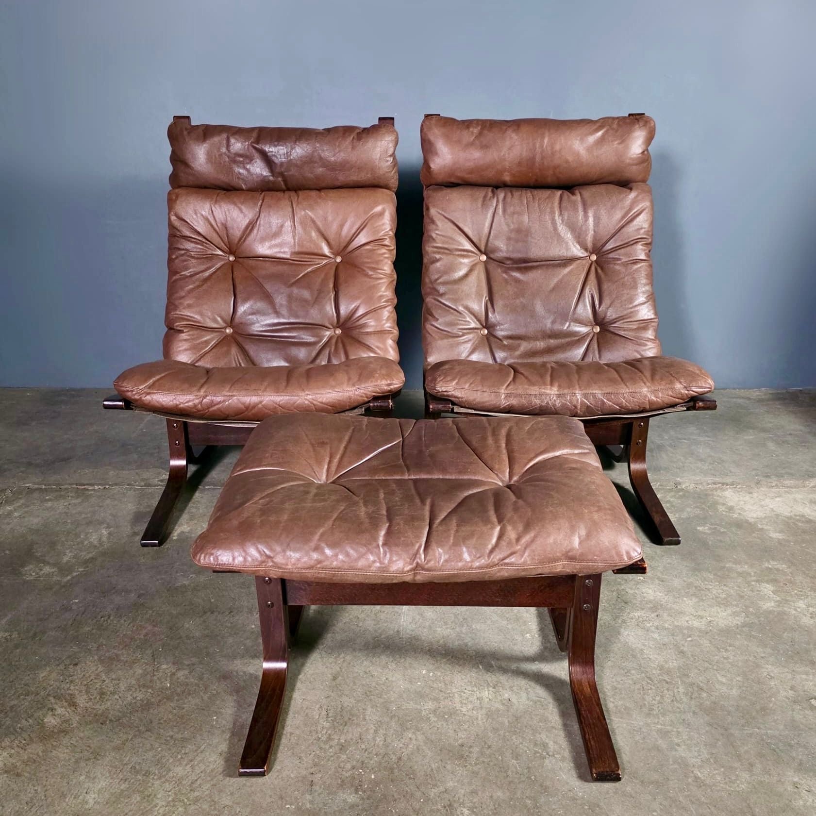 Siesta Leather Lounge Chair & Footstool By Ingmar Relling For Westnofa Mid Century Vintage Retro MCM