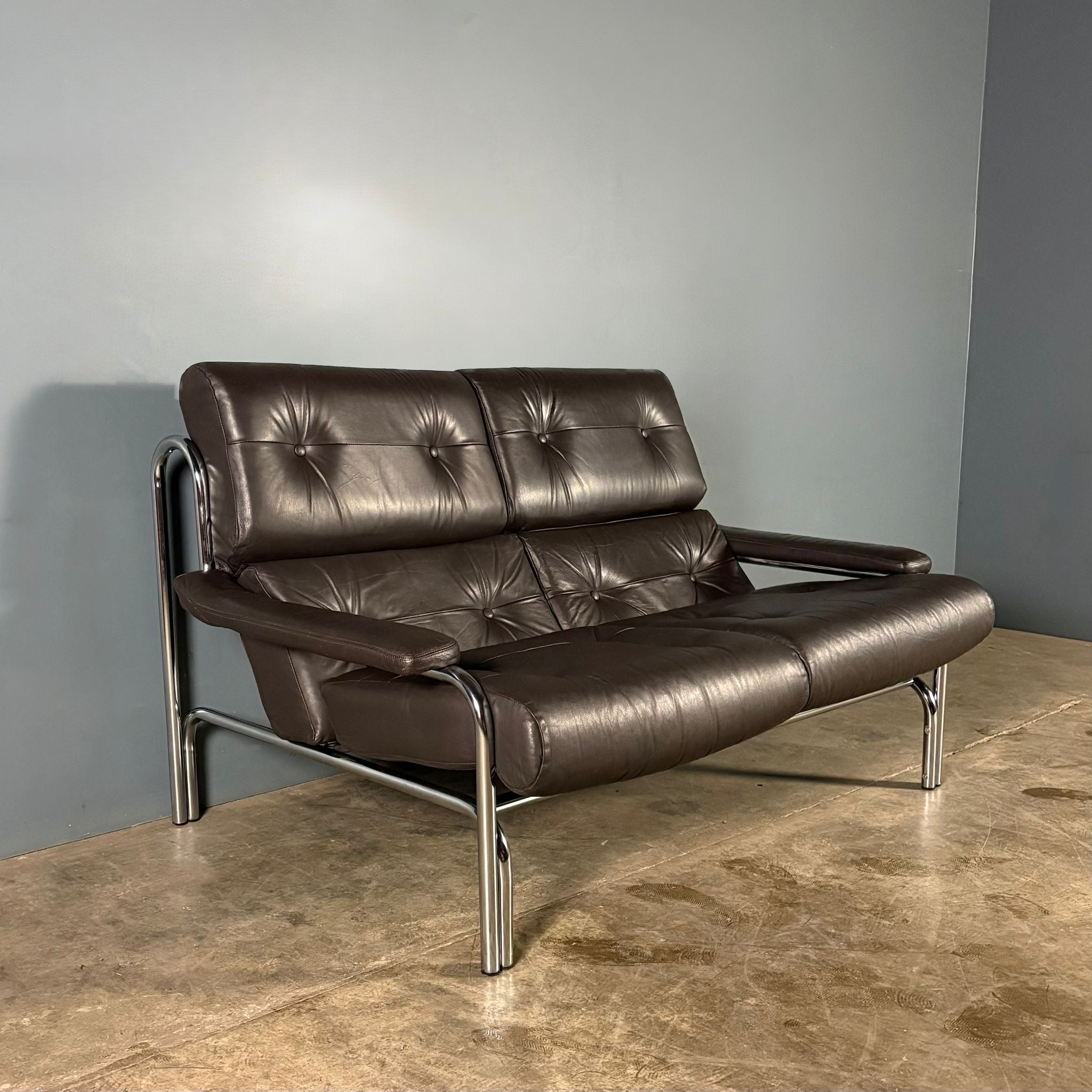 Mid Century Pieff Alpha Brown Leather Two Seater Sofa Vintage Retro MCM