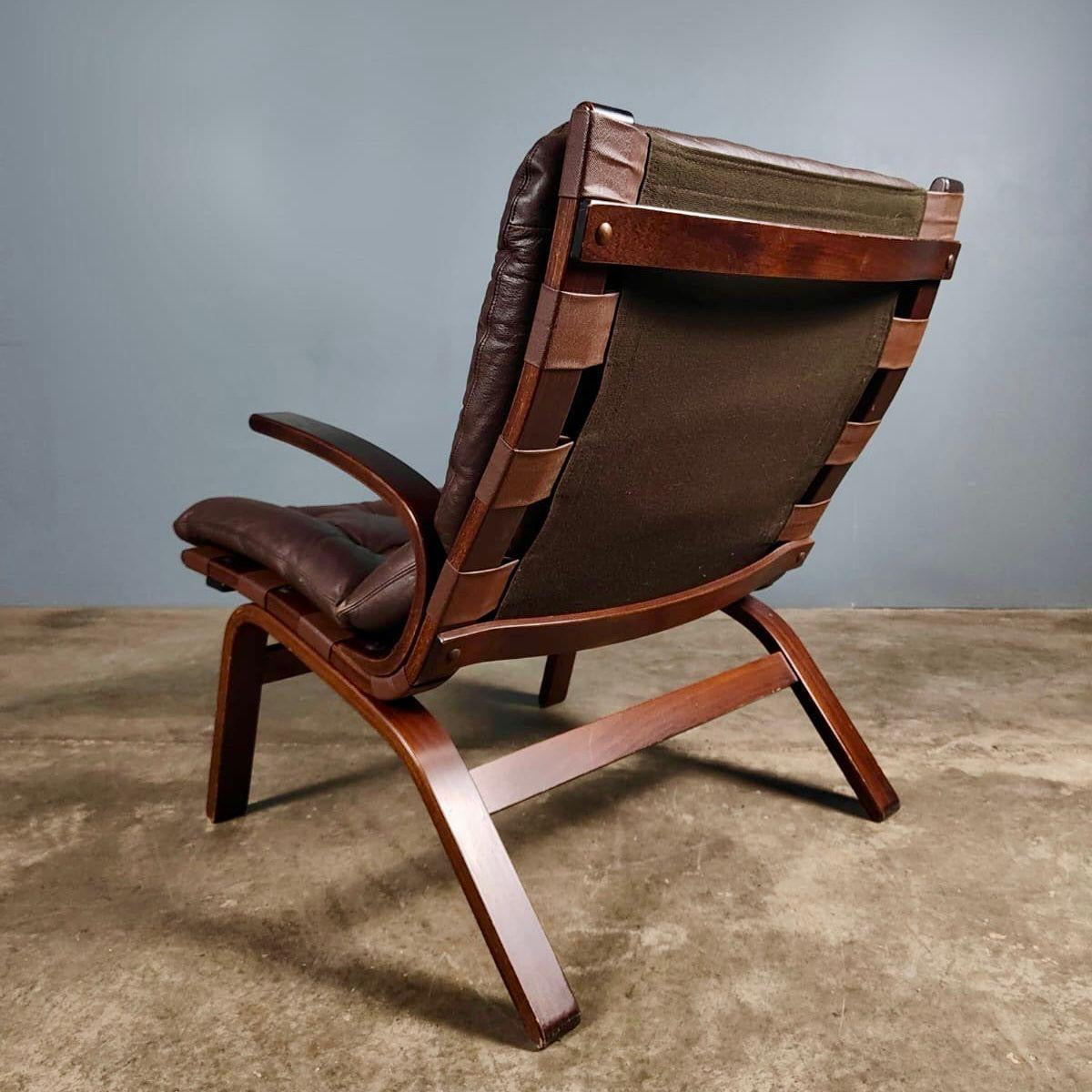 SOLD Pair Of Ingmar Relling By Westnofa Farstrup Brown Leather Lounge Chairs Mid Century Vintage Retro MCM