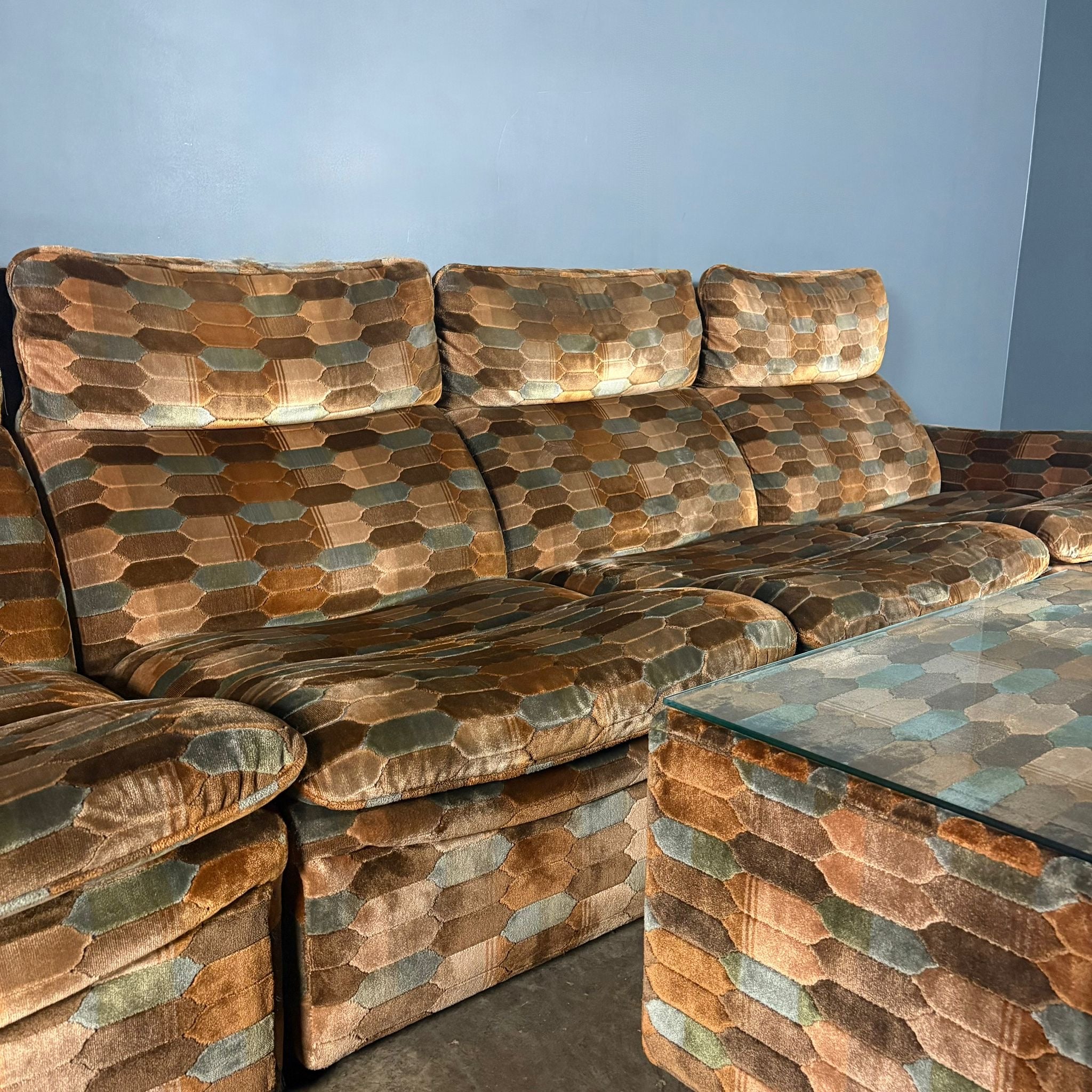 Mid Century Everest Modular Lounge Suite Brown Blue Hexagonal Geometric Vintage Retro MCM