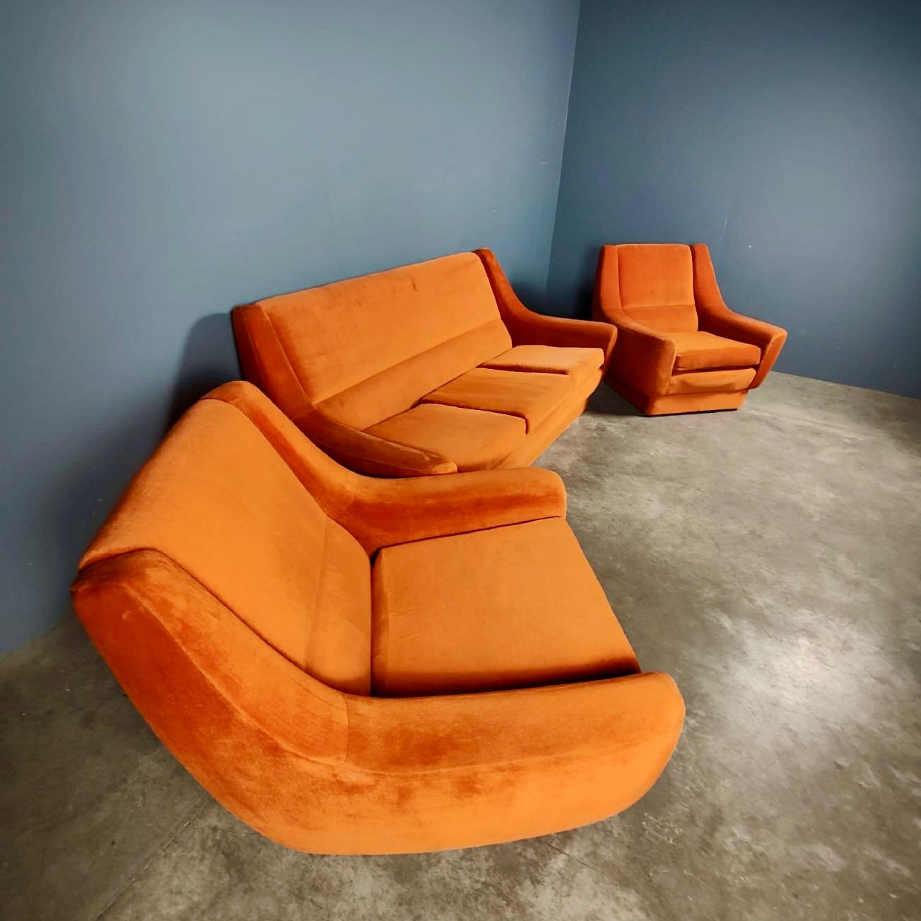 SOLD Mid Century Orange Coral Velvet Three Seater Sofa Vintage Retro MCM