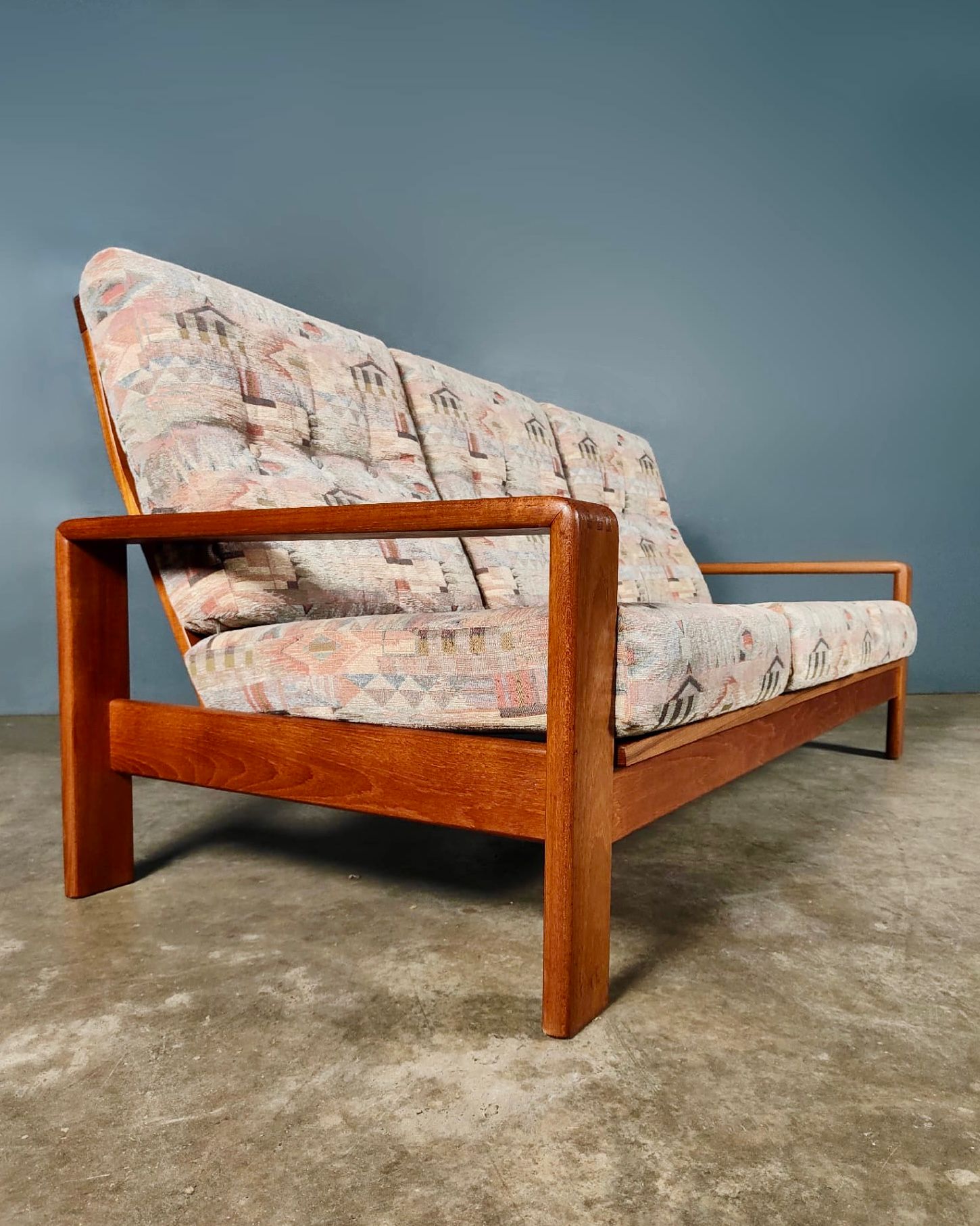 Mid Century Teak Geometric Three Seater Sofa Vintage Retro MCM