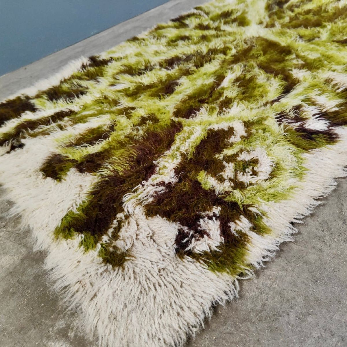 SOLD Mid Century Retro Large Green White Cream Brown Rug Vintage Wool MCM