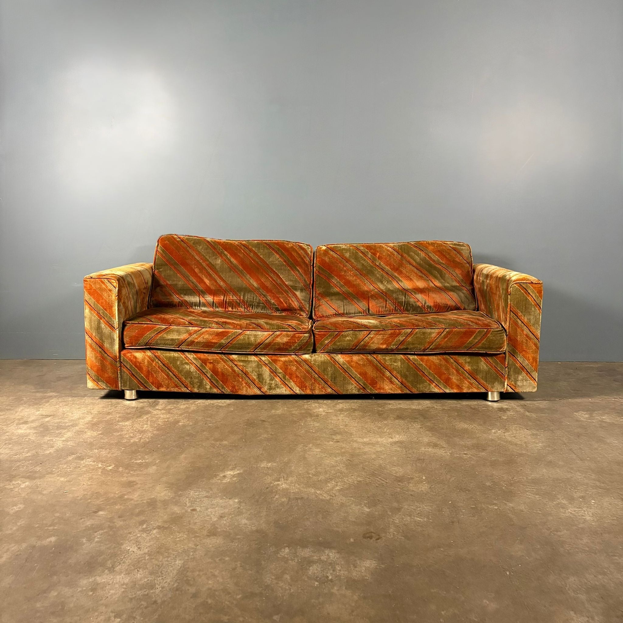 Mid Century Everest Orange Striped Geometric Lounge Suite - Three Seater Sofa, Armchairs & Coffee Tables Vintage Retro MCM