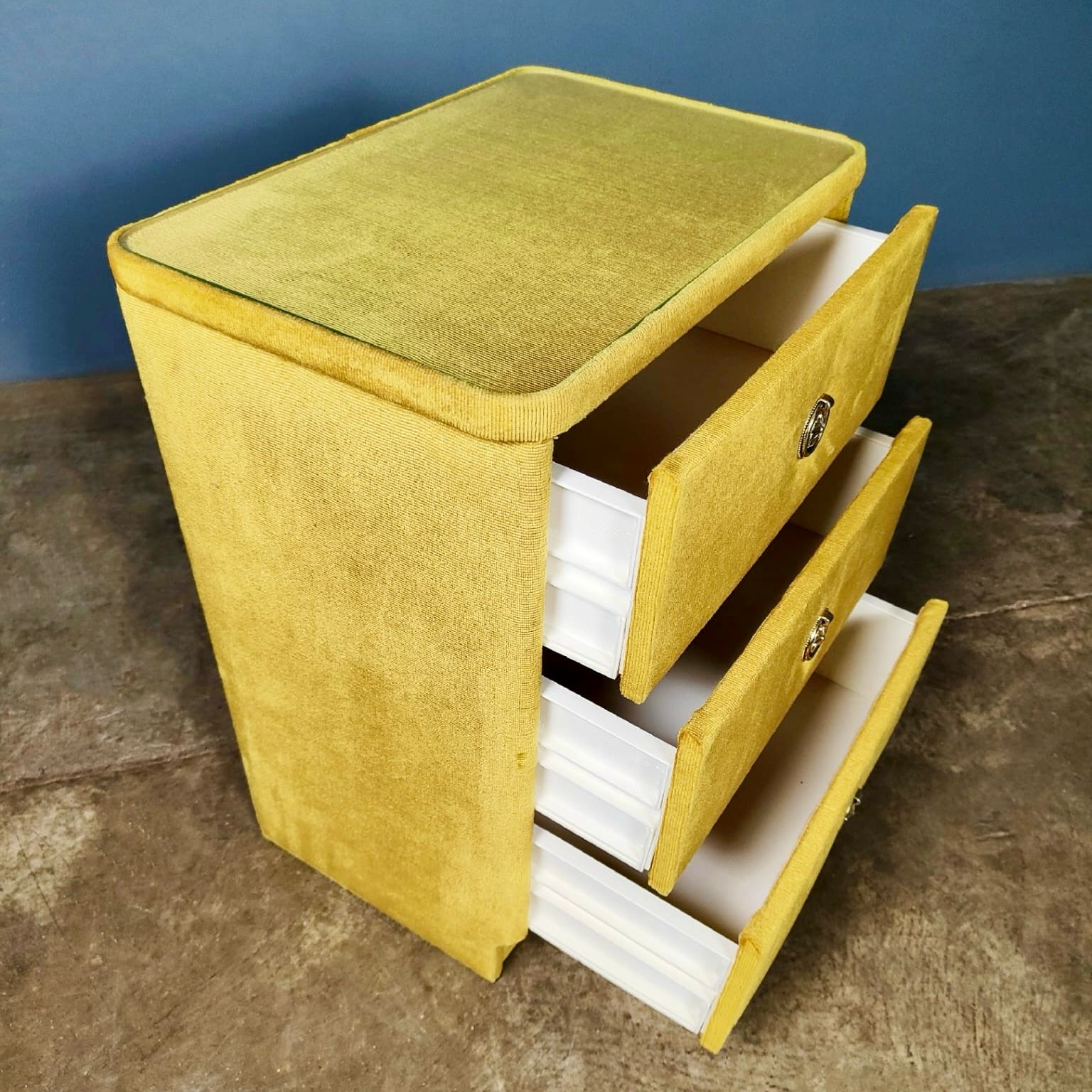 SOLD Mid Century Vintage Yellow Velvet Bedside Tables With Glass Tops Retro MCM