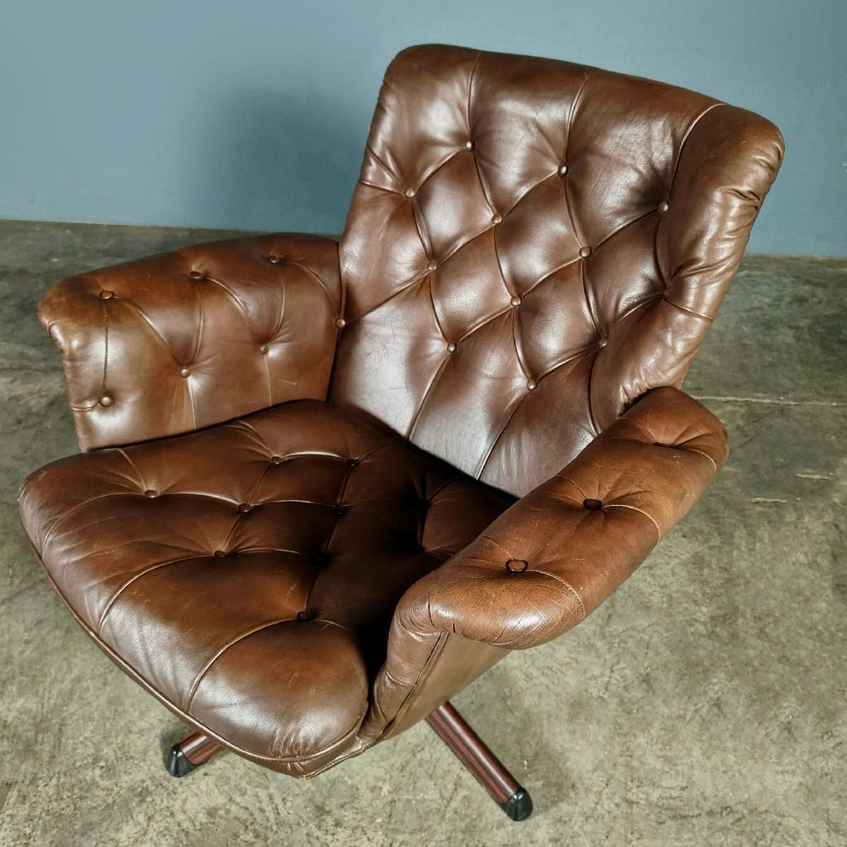 SOLD Göte Möbler Brown Leather Swivel Armchair Swedish 1970s Mid Century Vintage Retro MCM