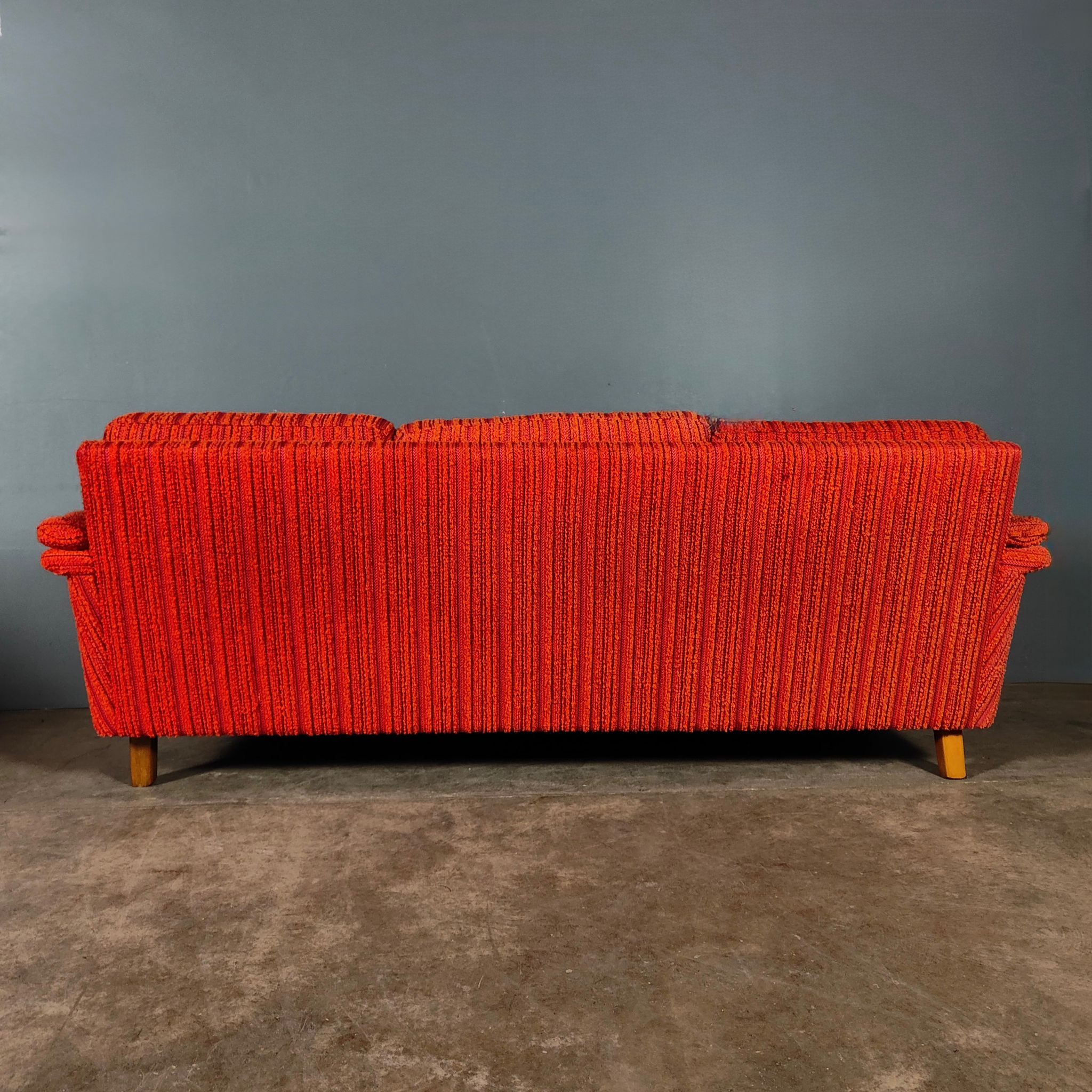 SOLD Orange Wool Swedish Three Seater Sofa Mid Century Vintage Retro MCM