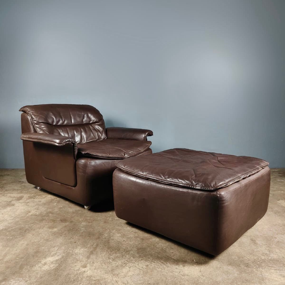 SOLD Lausser Modular Armchairs & Footstool Brown Leather West Germany Mid Century Vintage Retro MCM